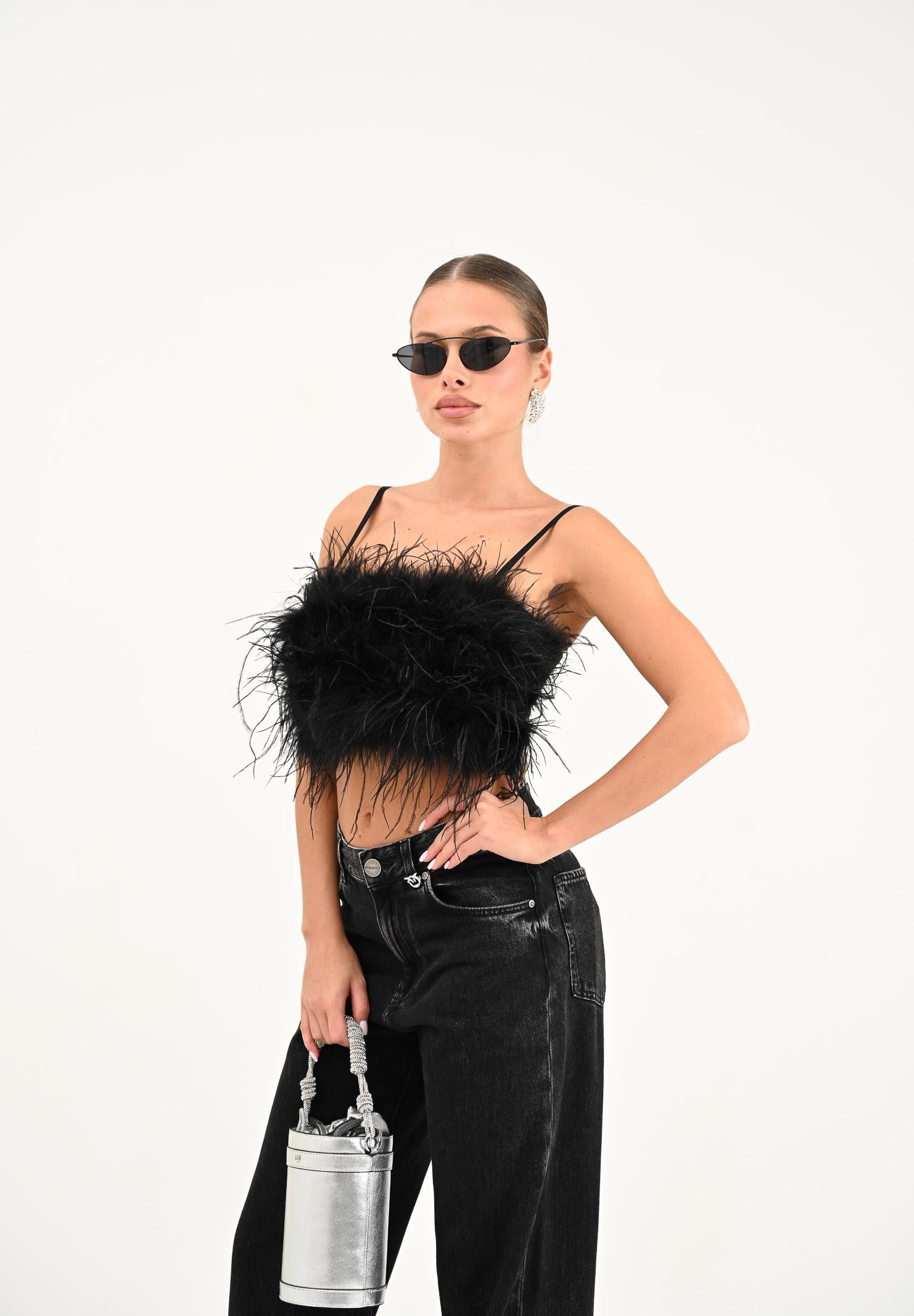 PINKO Top elegante nero da donna con piume 105576A2SO Z99 PINKO