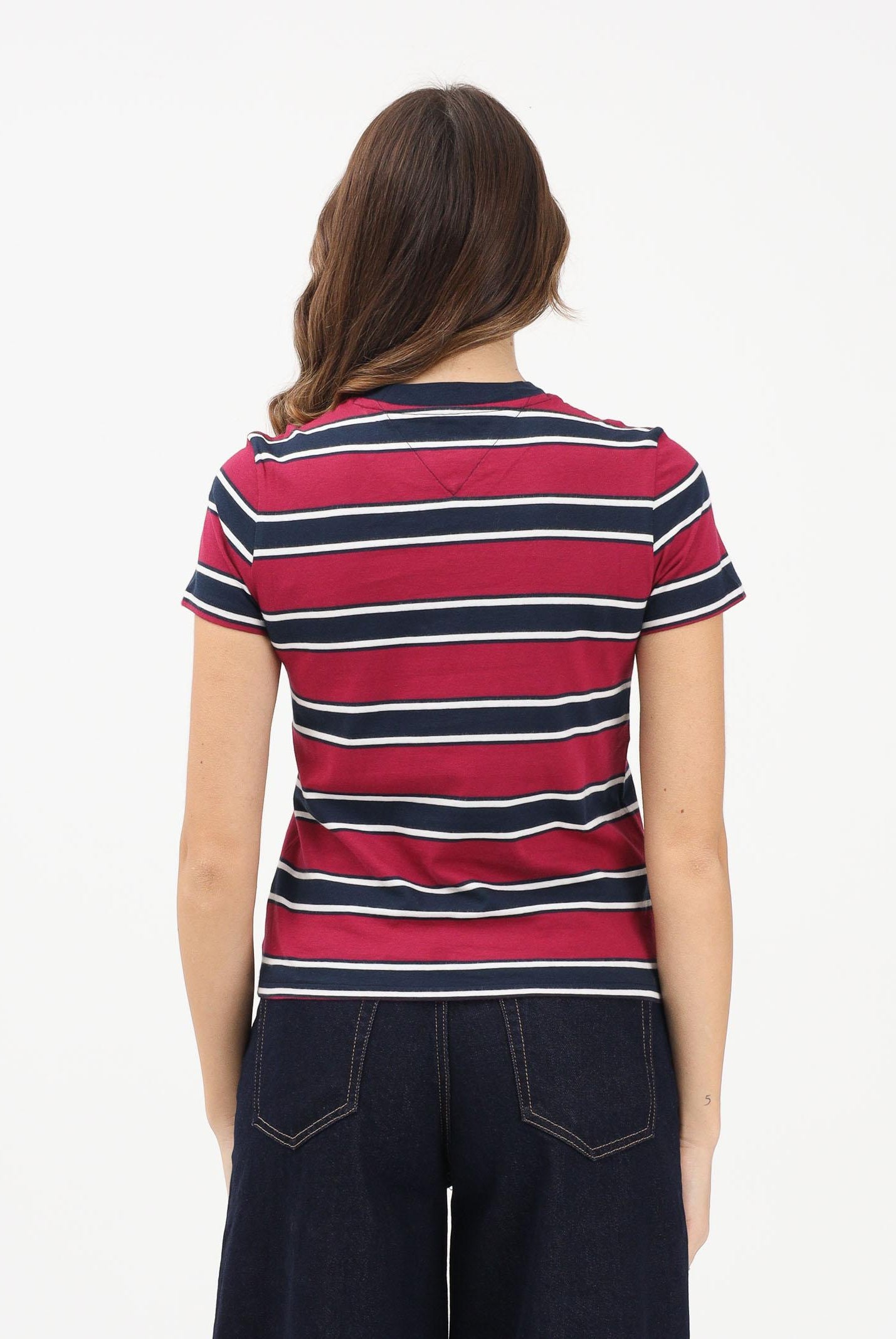 TOMMY JEANS T-shirt a manica corta bordeaux e blu da donna con motivo a righe DW0DW21834 0E3 TOMMY JEANS