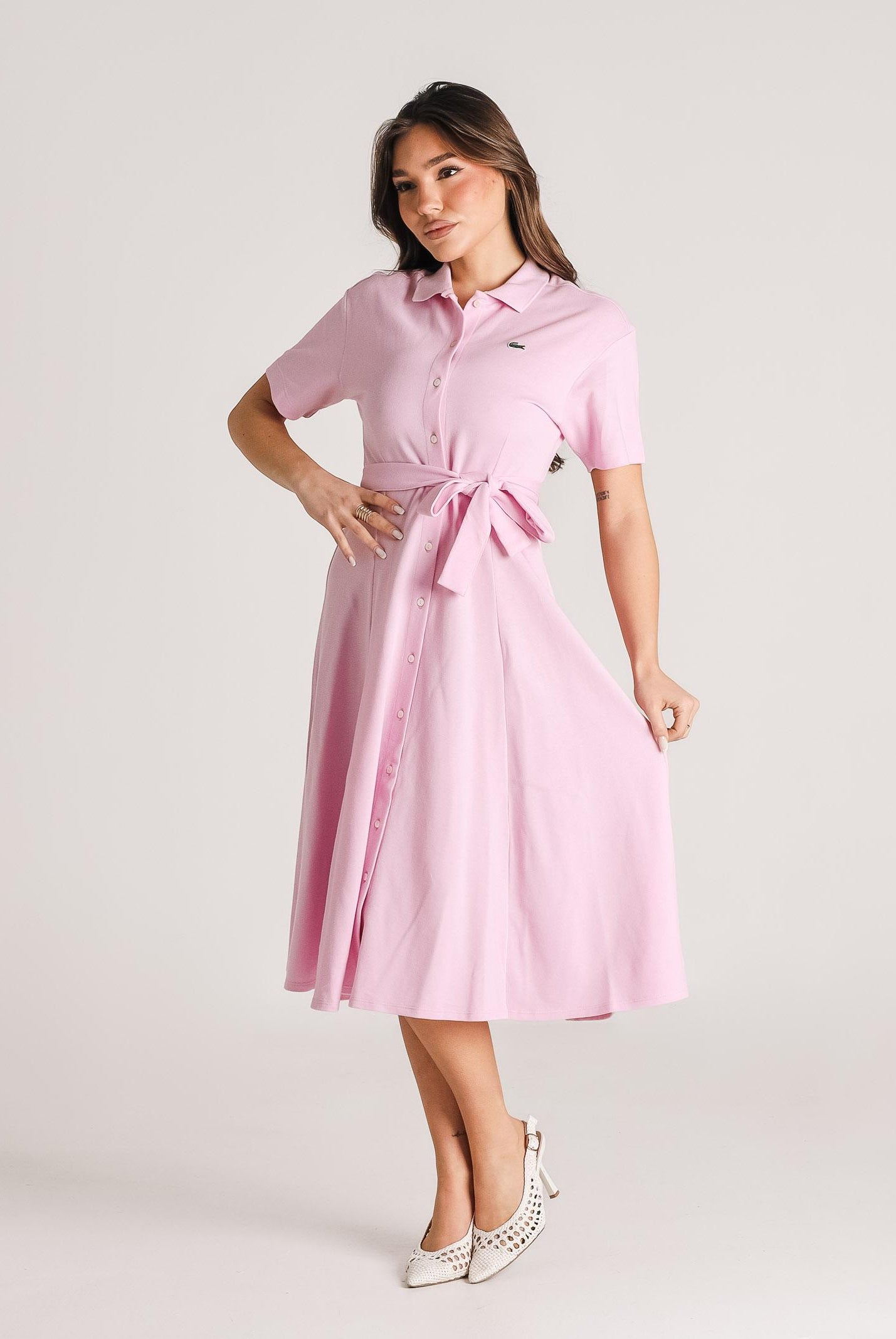 LACOSTE Abito midi rosa da donna in mini piqué EF9621 Z4H LACOSTE