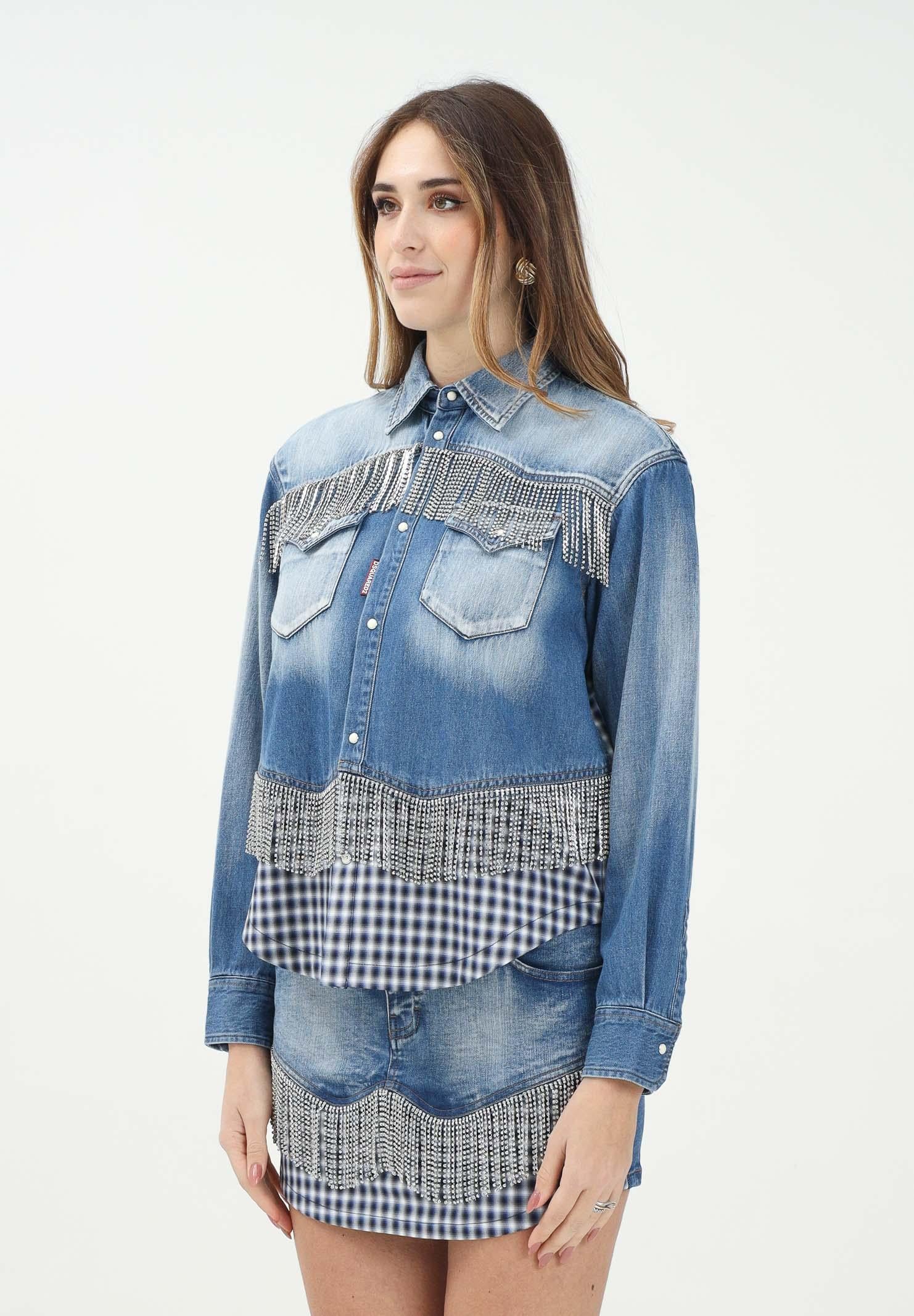 DSQUARED2 Camicia a manica lunga in denim blu per donna e bambina con inserti in tessuto e strass DQ2835D0ACG DQ01 DSQUARED2