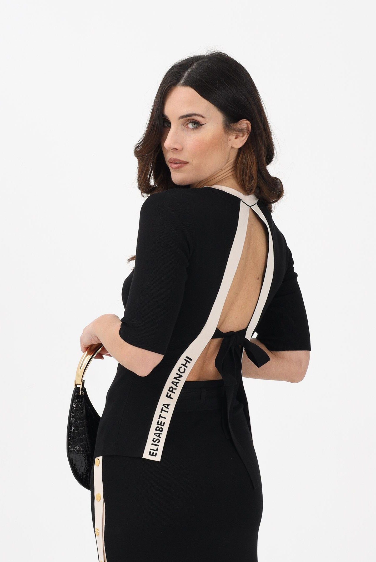 ELISABETTA FRANCHI Maglia girocollo nera da donna con maniche ¾ e schiena scoperta MK67S61E2 685 ELISABETTA FRANCHI