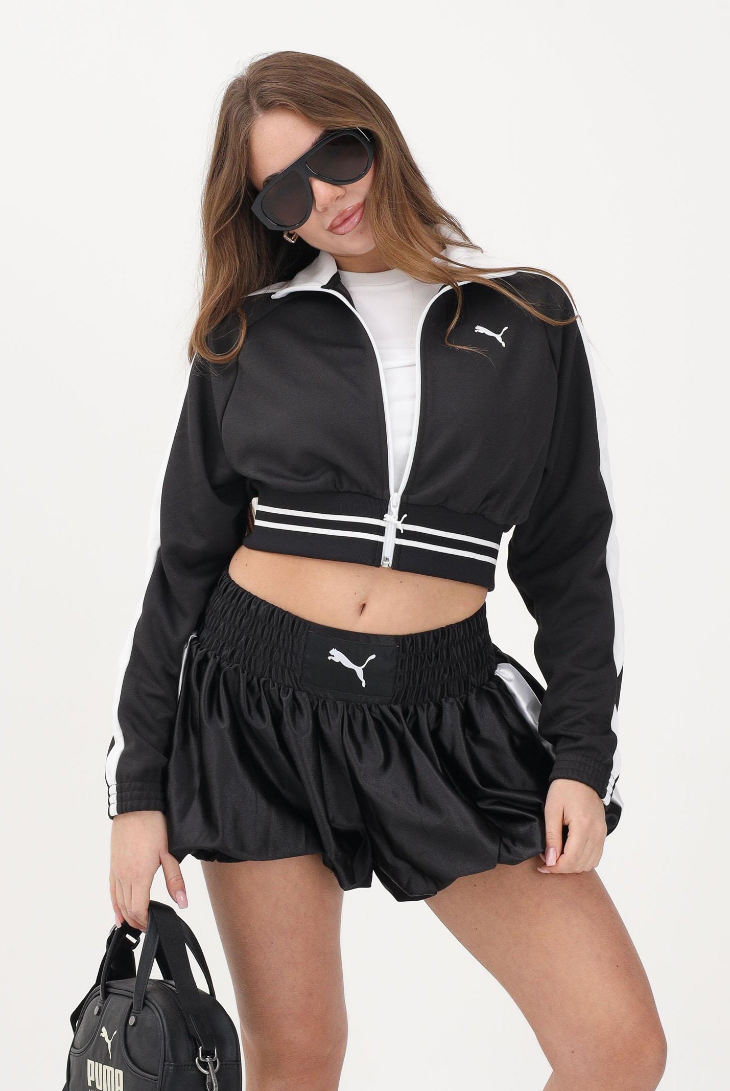 PUMA Felpa crop con zip T7 nera da donna 634556 01 PUMA
