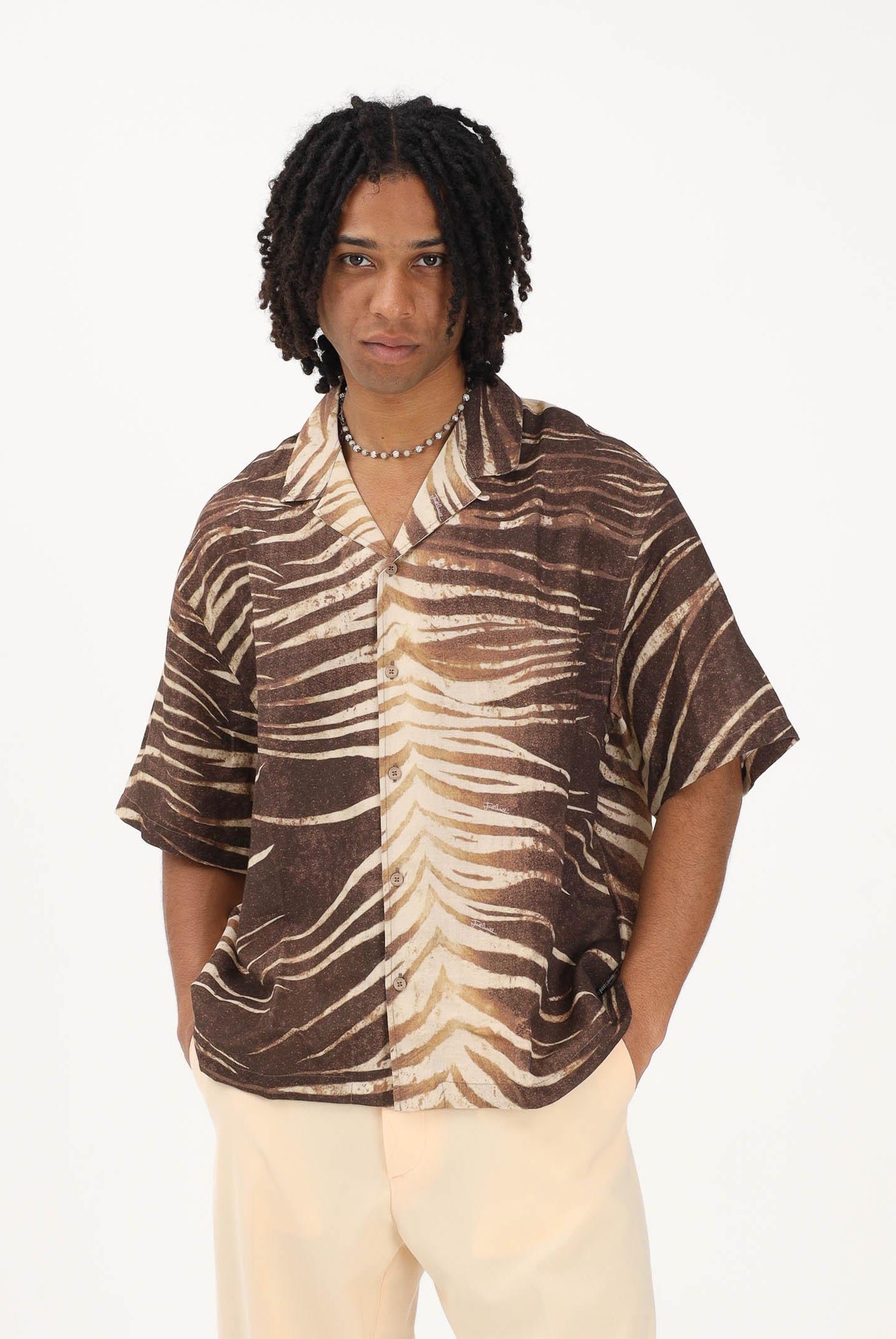 JUST CAVALLI Camicia a manica corta beige e marrone da uomo con fantasia tigrata 80OALF02CNF06 R83 JUST CAVALLI