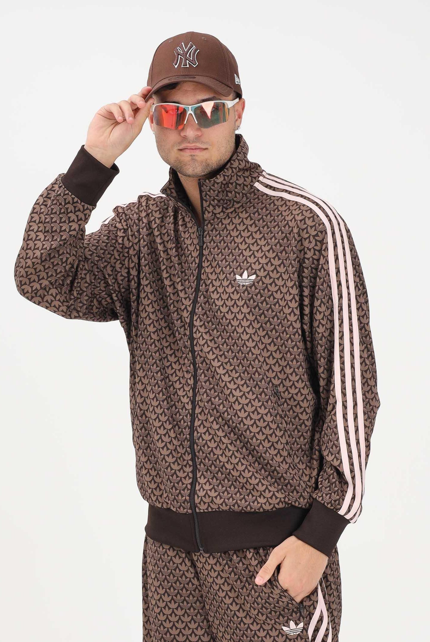 ADIDAS ORIGINALS Felpa con zip Firebird Loose Monogram marrone e rosa per uomo e donna KE1677 . ADIDAS ORIGINALS