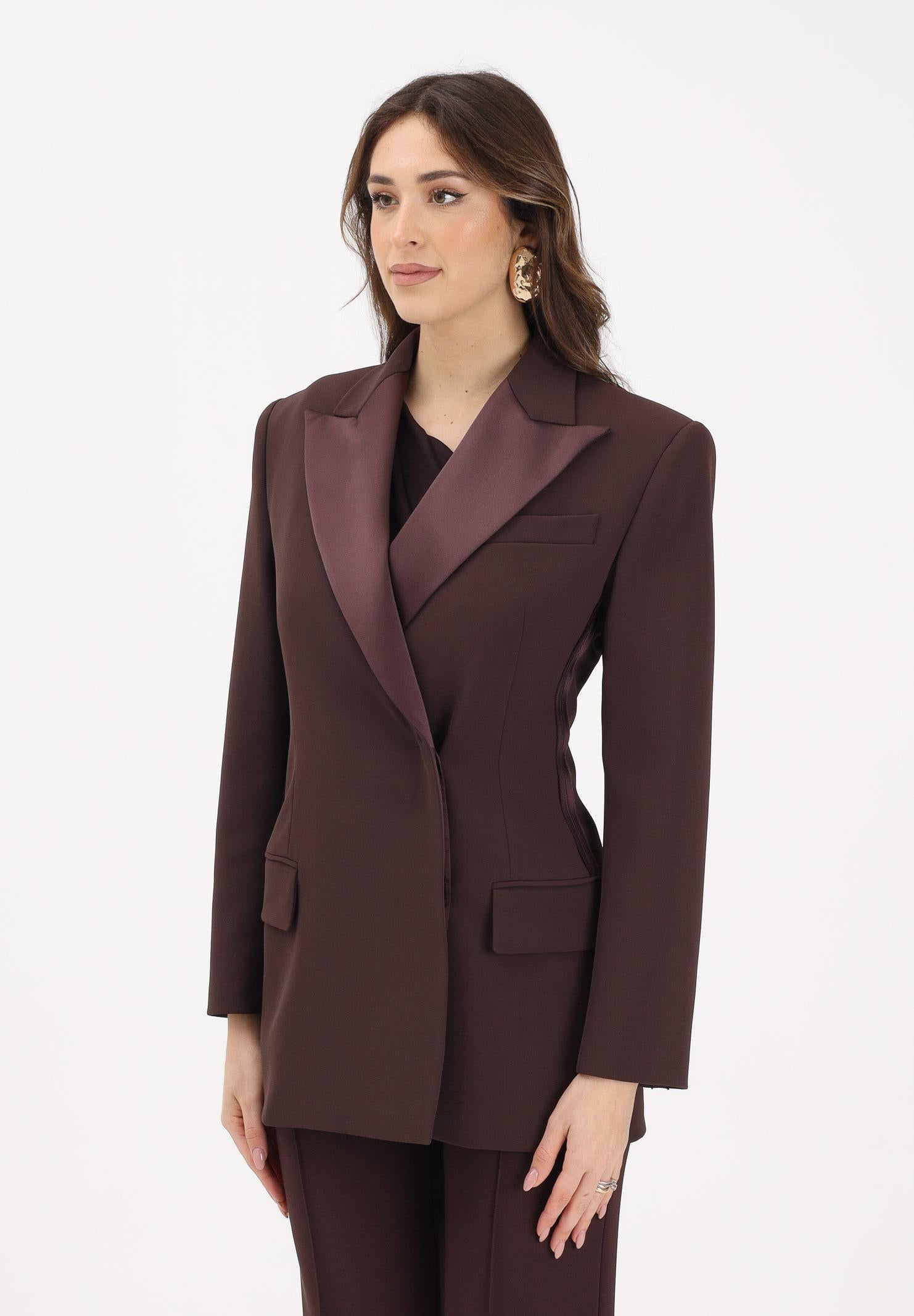 ELISABETTA FRANCHI Giacca doppiopetto cacao da donna in crêpe leggero e raso GI24163E2 644 ELISABETTA FRANCHI