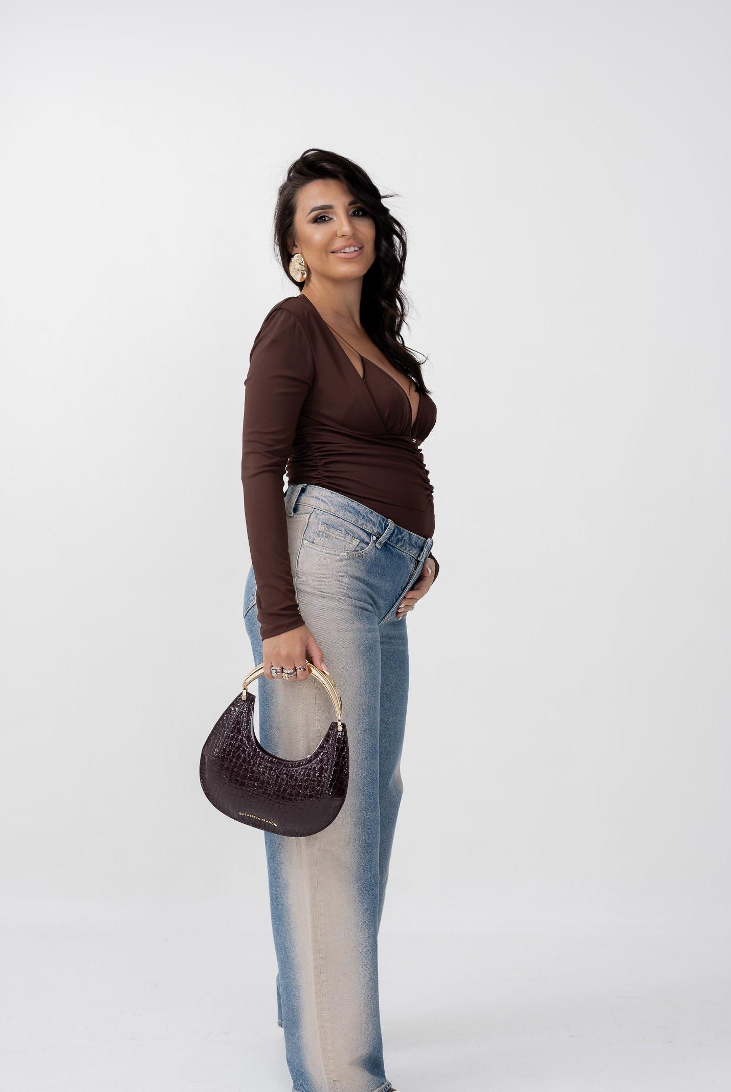 ELISABETTA FRANCHI Body manica lunga marrone da donna con drappeggi BO00356E2 EA3 ELISABETTA FRANCHI