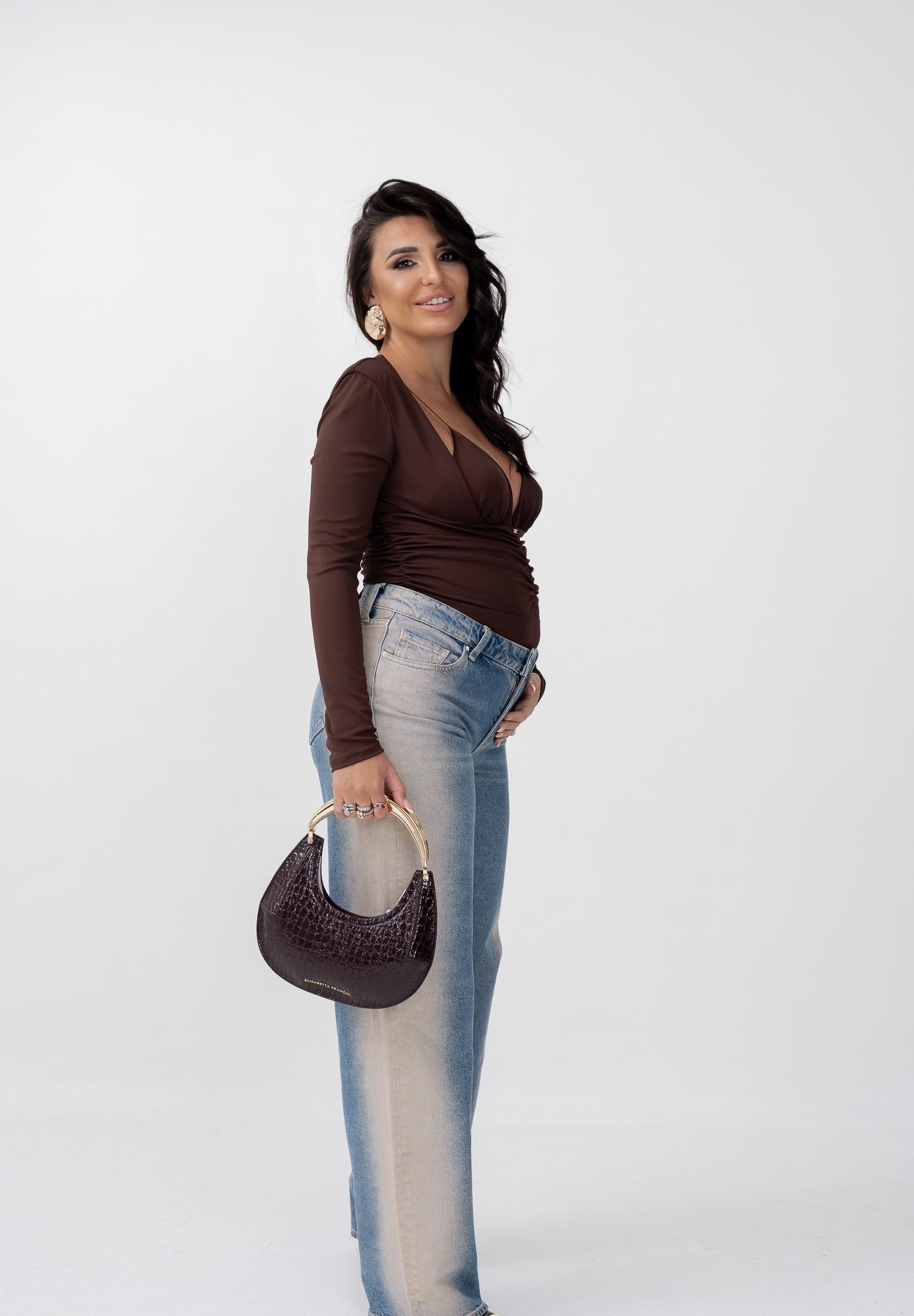 ELISABETTA FRANCHI Body manica lunga marrone da donna con drappeggi BO00356E2 EA3 ELISABETTA FRANCHI