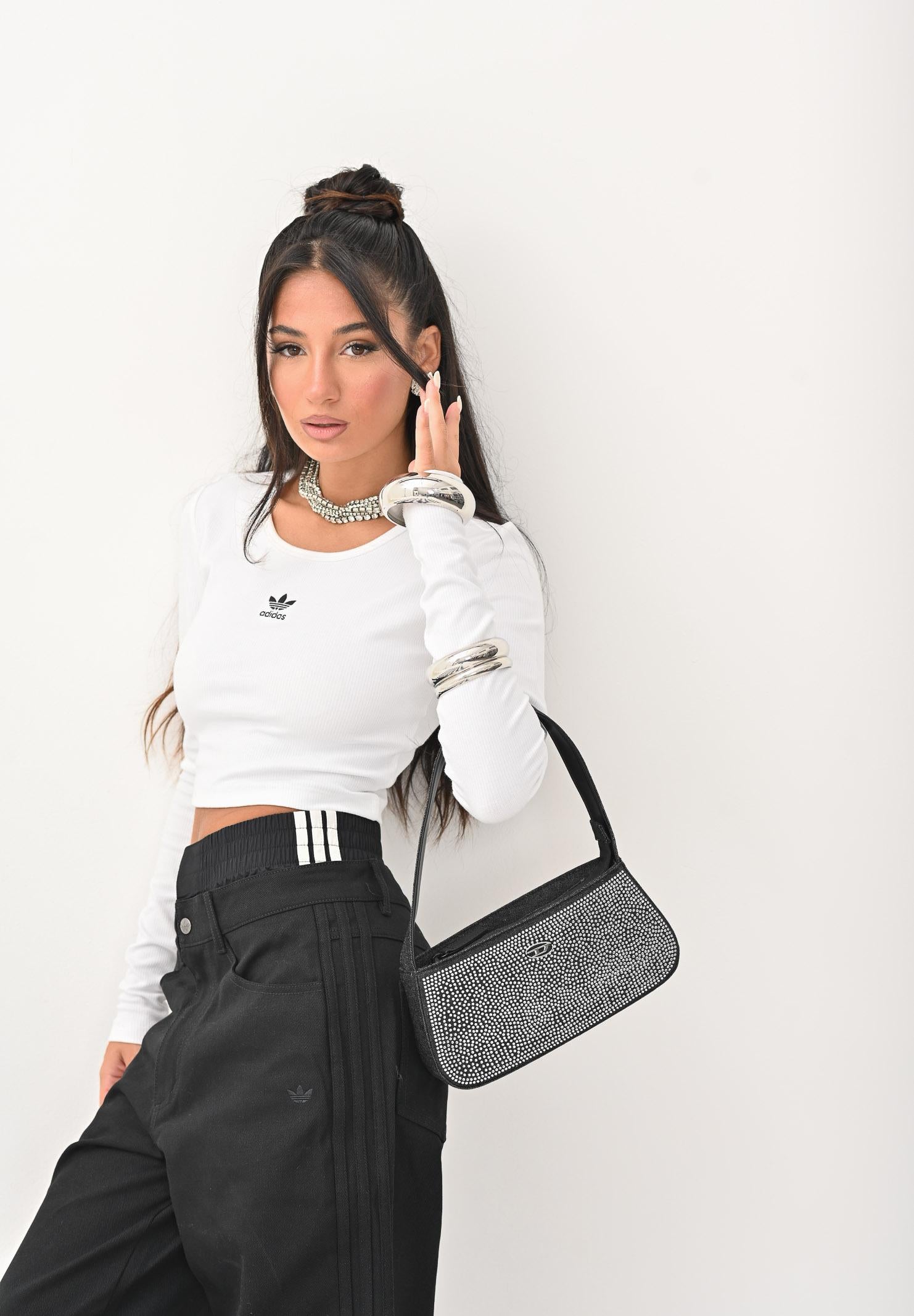 ADIDAS ORIGINALS Top a manica lunga Essentials Ribbed Crop bianca da donna JC9011 . ADIDAS ORIGINALS