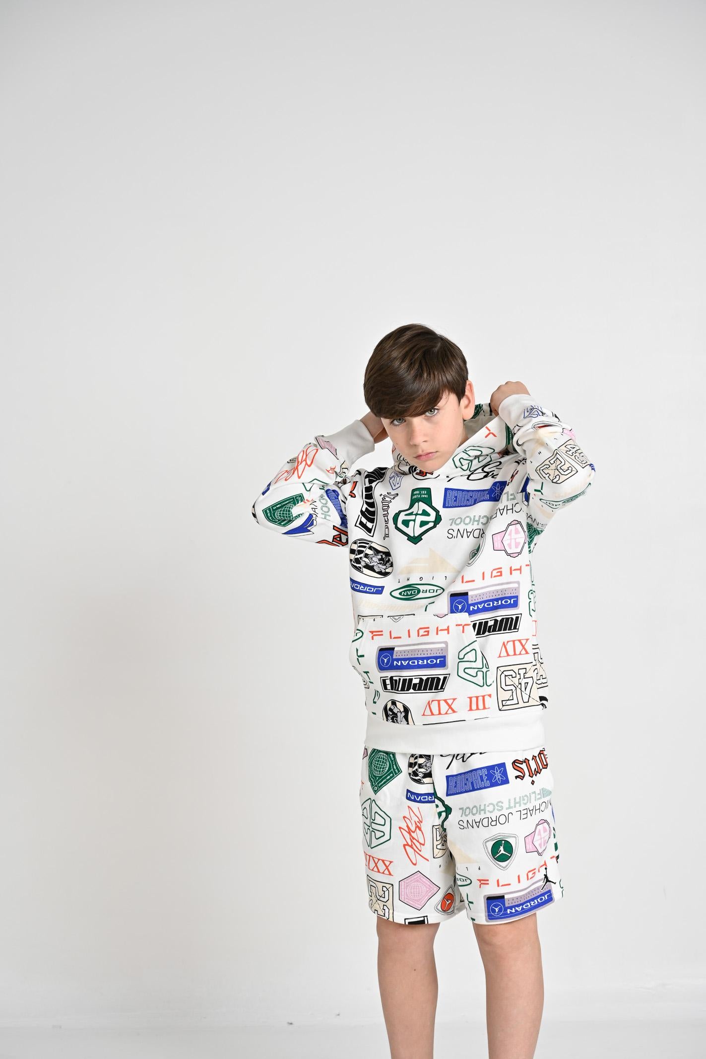 JORDAN Felpa con cappuccio French Terry Printed bianca da bambino 95D741 782 JORDAN