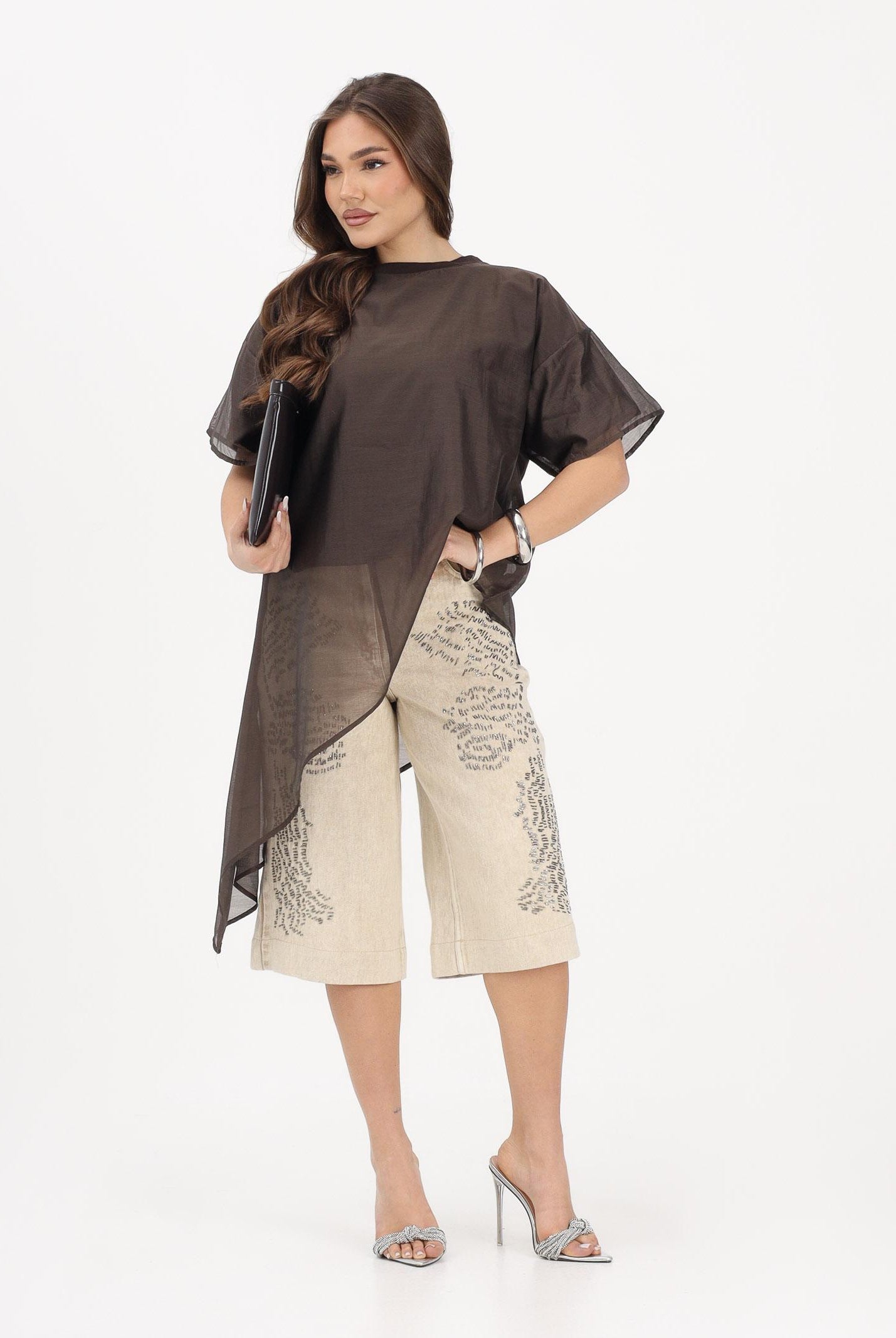 VICOLO T-shirt a manica corta marrone da donna in tessuto velato UAB018 MO VICOLO