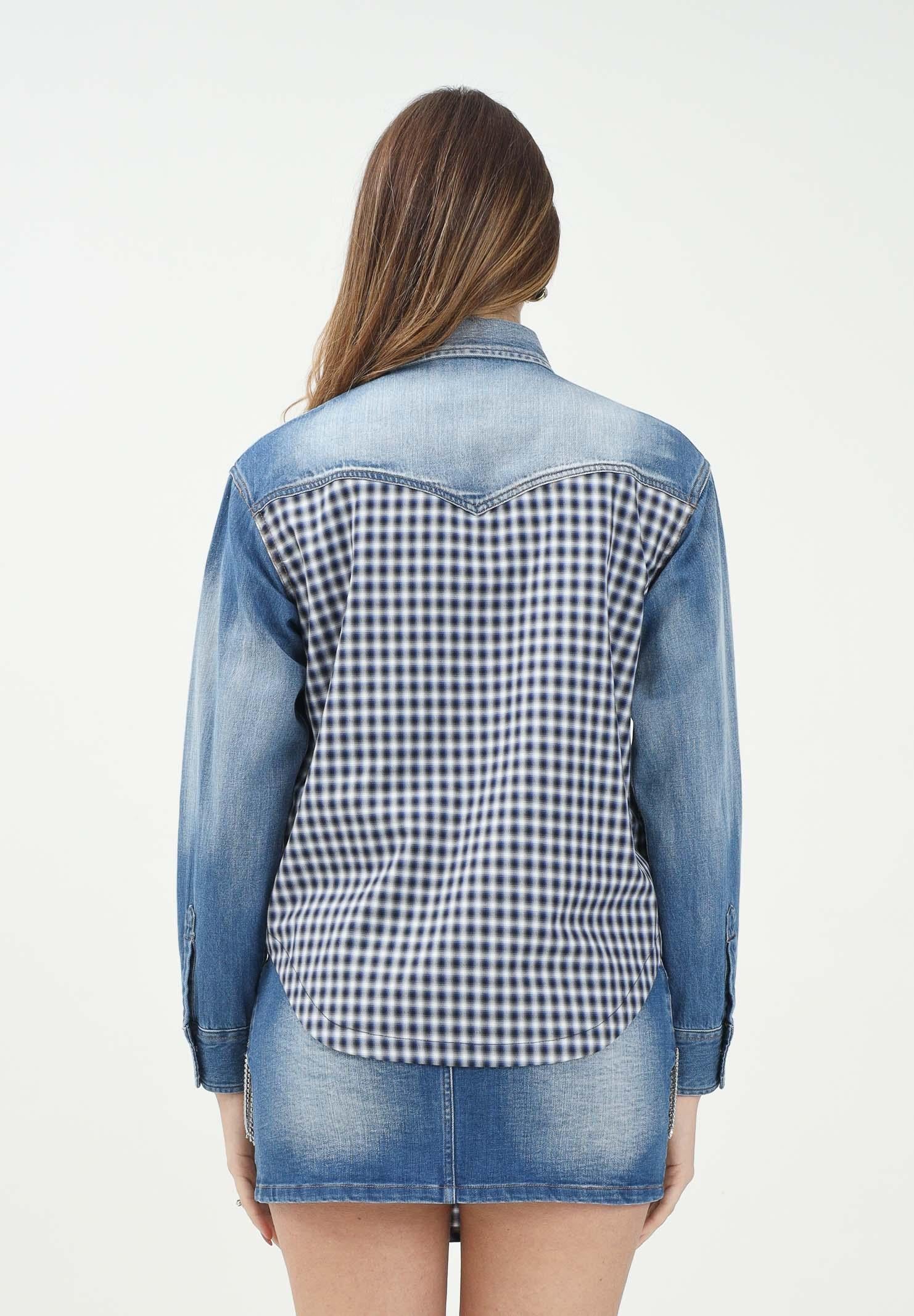DSQUARED2 Camicia a manica lunga in denim blu per donna e bambina con inserti in tessuto e strass DQ2835D0ACG DQ01 DSQUARED2