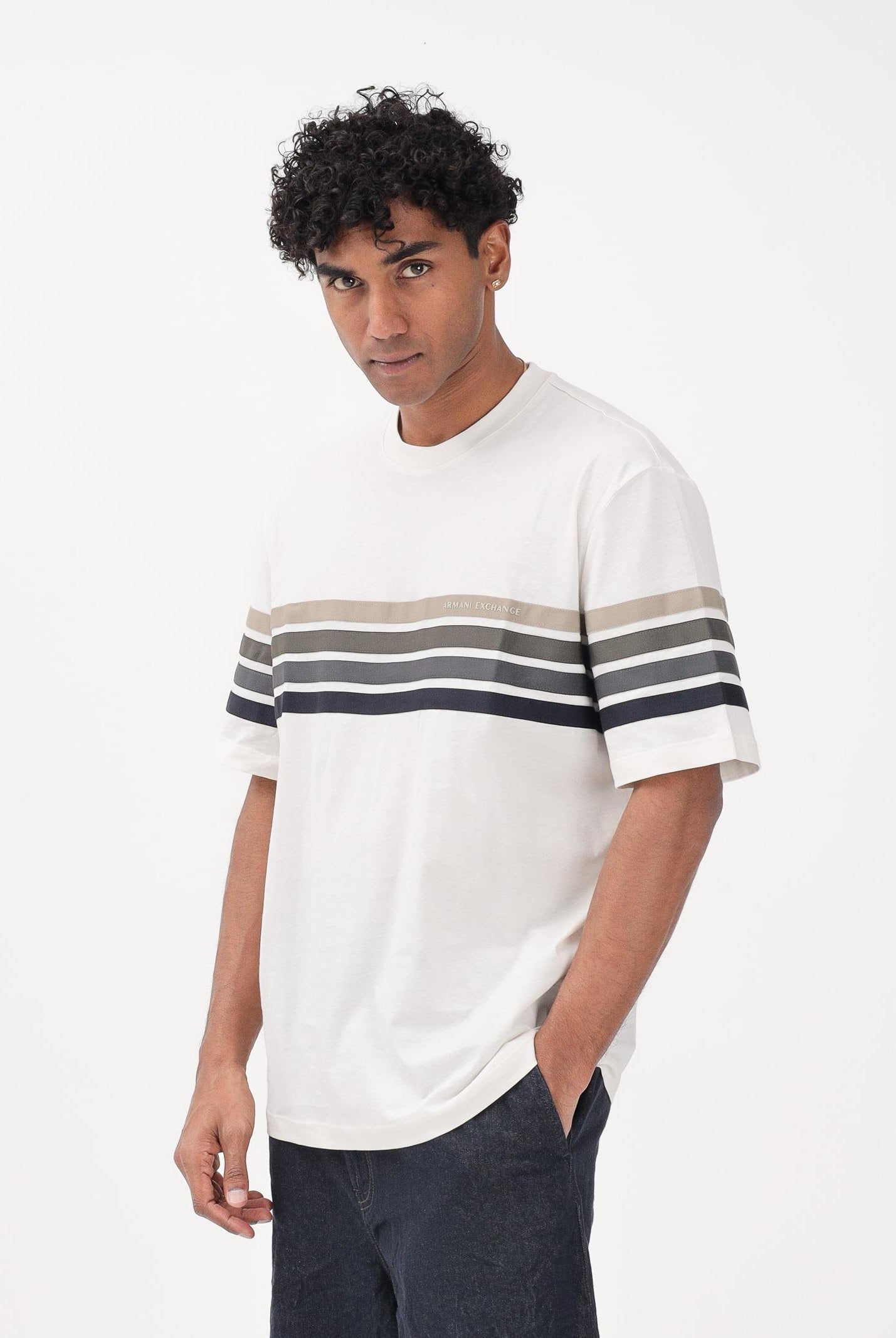 ARMANI EXCHANGE T-shirt a manica corta crema da uomo con bande a contrasto XM002055AF10358 U1074 ARMANI EXCHANGE