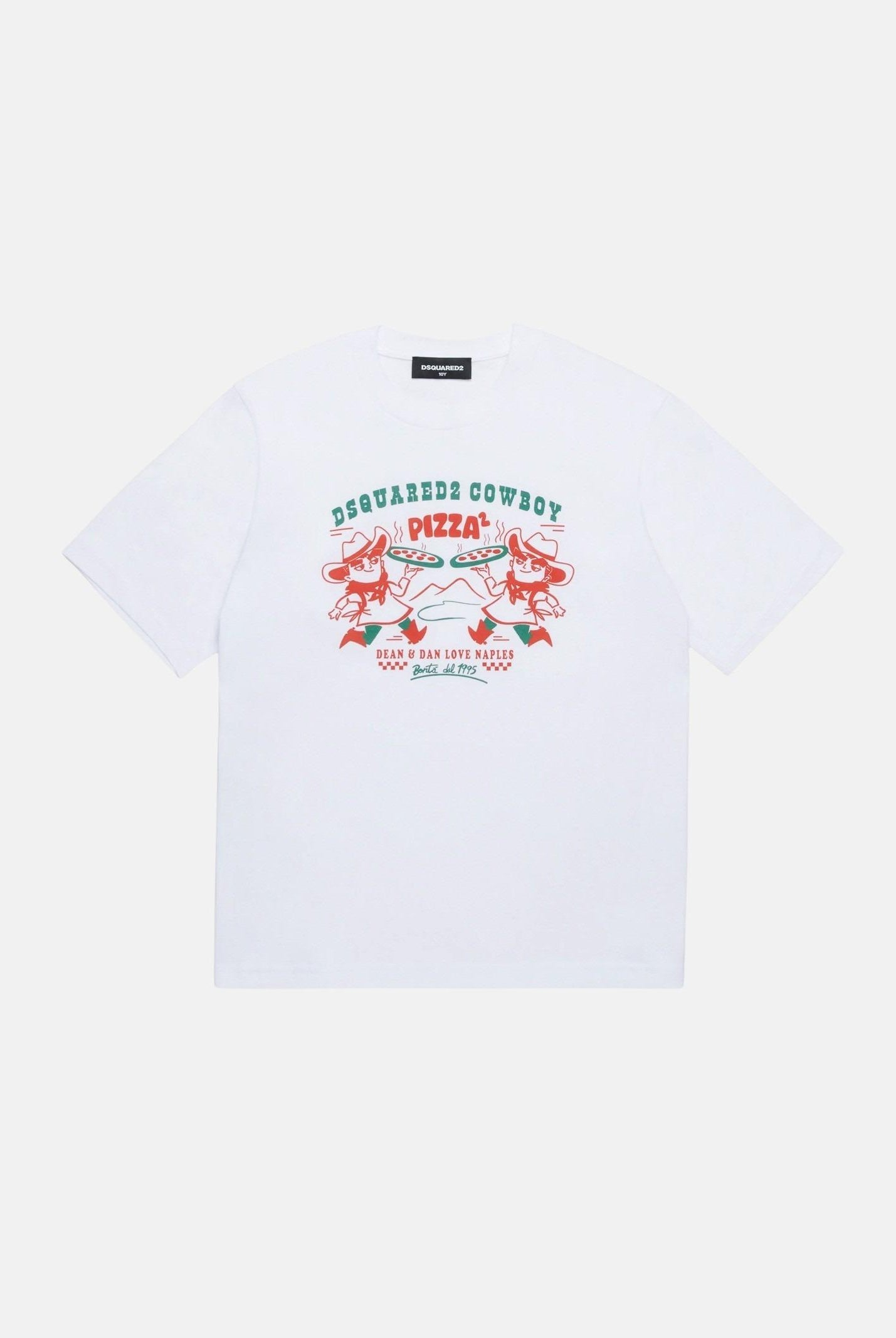 T-shirt a manica corta bianca per bambino e bambina con grafica Cowboy Pizza DQ2975D004G-B DQ100 DSQUARED2