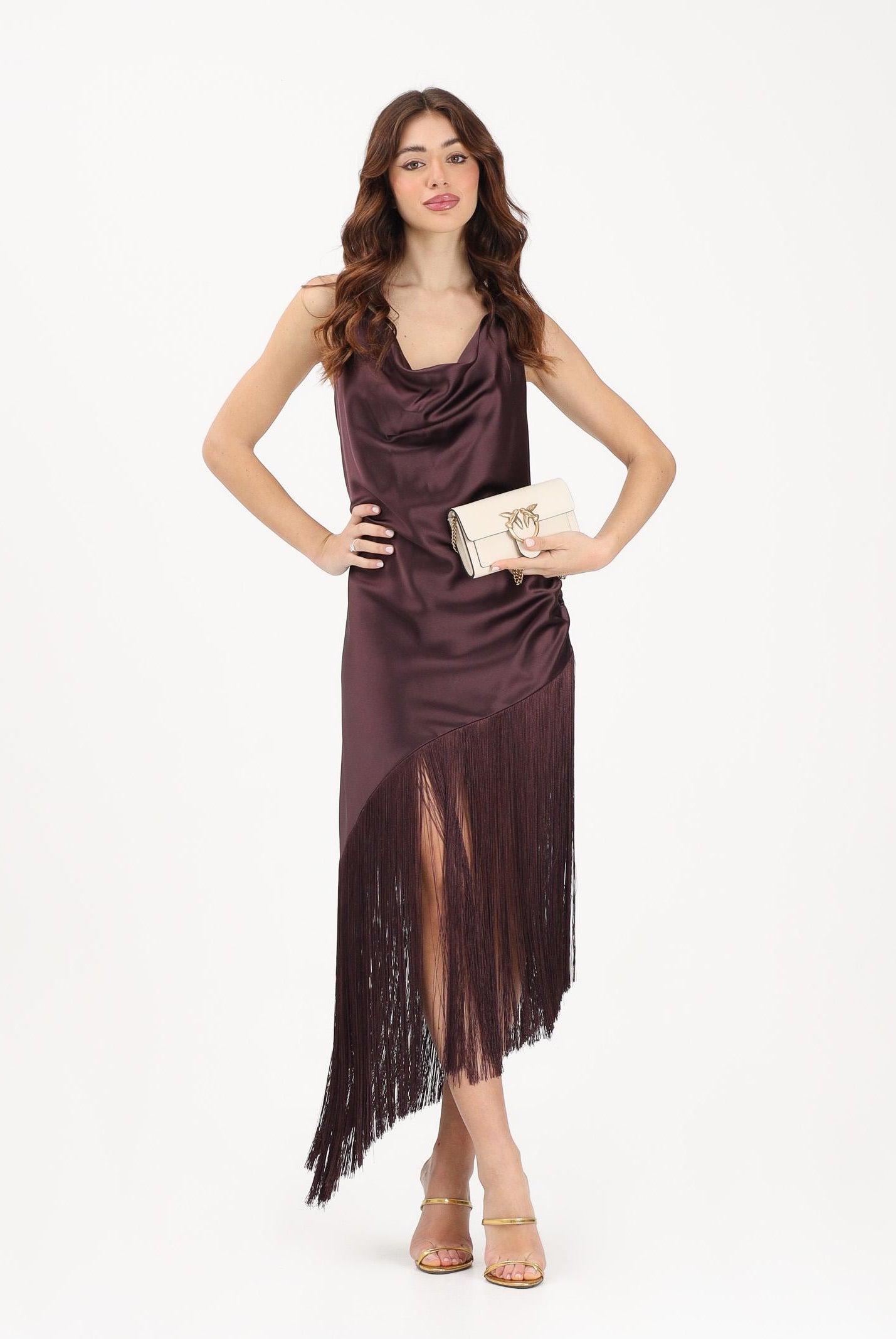PINKO Abito midi bordeaux da donna in satin con frange 106430A33D R57 PINKO