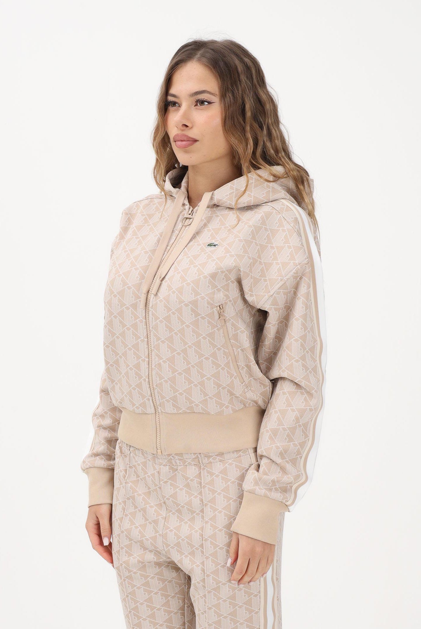 LACOSTE Felpa con zip beige da donna in jacquard con monogramma SF7606 8GI LACOSTE