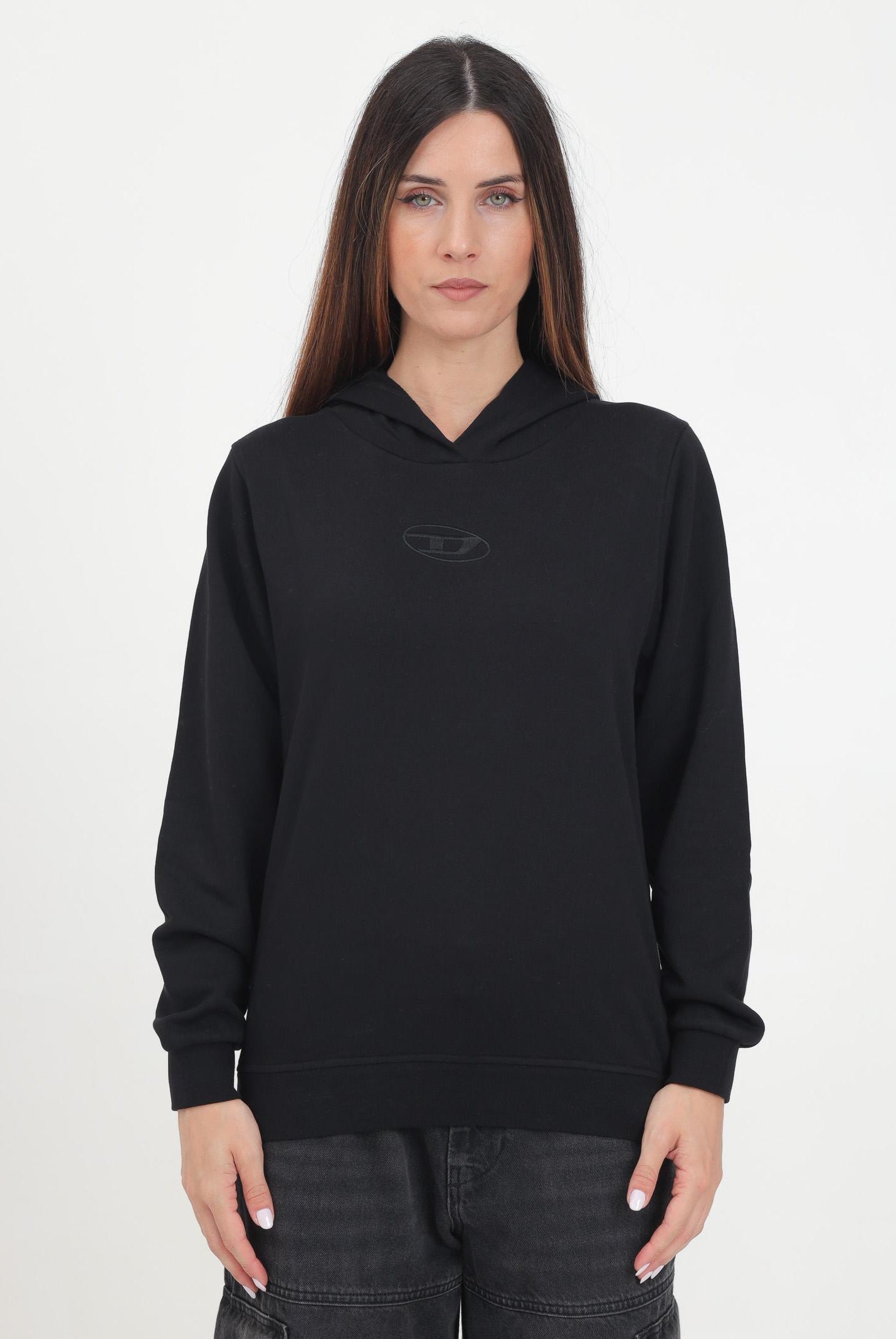 Felpa con cappuccio nera per donna e bambina con logo Oval D ricamato J02014KYAX3 K900 DIESEL