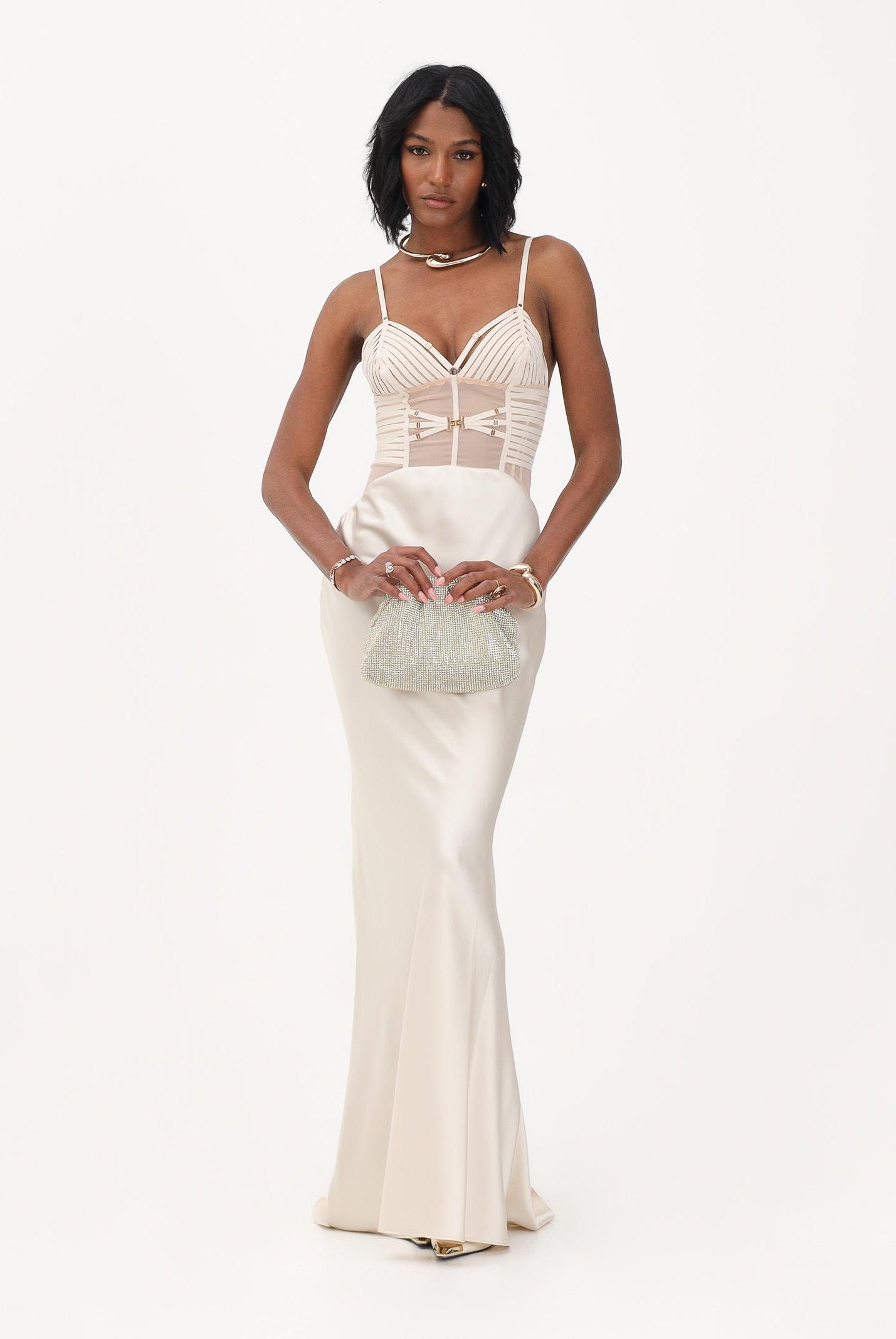ELISABETTA FRANCHI Abito lungo avena da donna in raso ABR5362E2 197 ELISABETTA FRANCHI