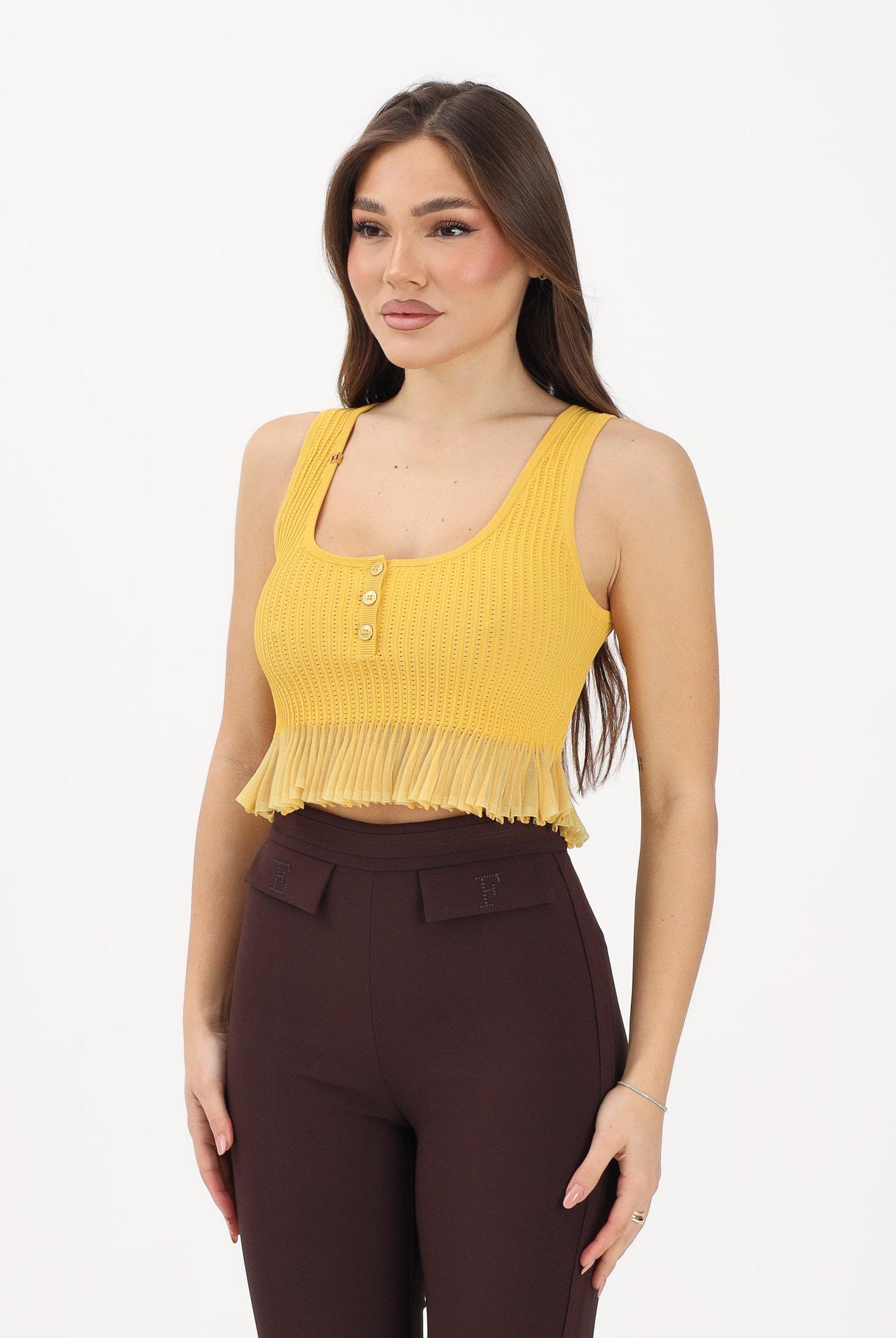 ELISABETTA FRANCHI Canotta gialla da donna in maglia à jour TK74B61E2 EV4 ELISABETTA FRANCHI