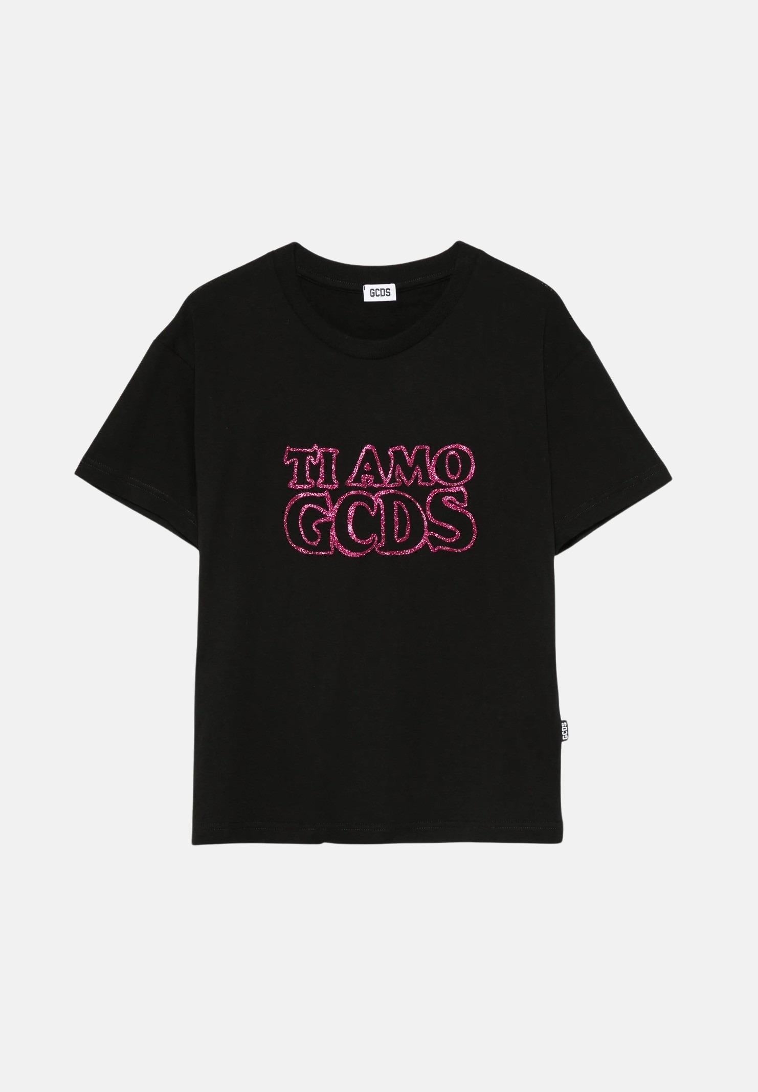 GCDS T-shirt a manica corta nera da bambina con stampa logo B2KW2335BA3 99 GCDS