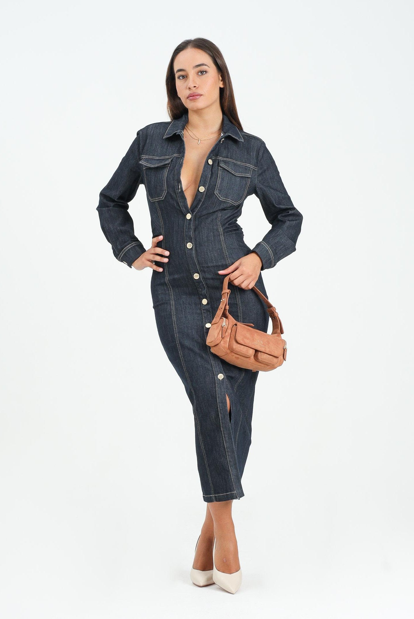 VICOLO Abito lungo Anita in denim scuro da donna DF5085 VU VICOLO