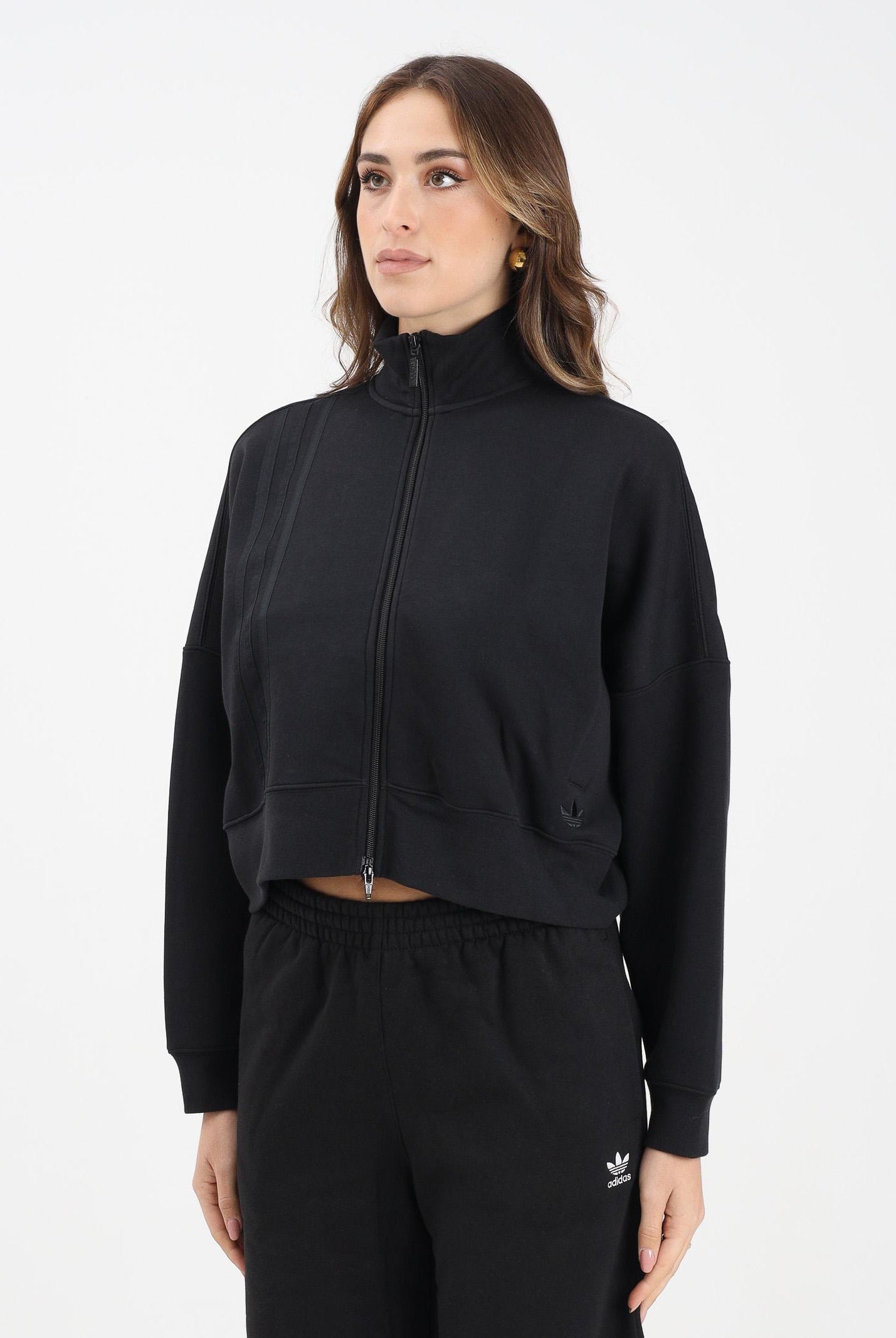 ADIDAS ORIGINALS Felpa con zip Off Placed 3 Stripes nera da donna JX2705 . ADIDAS ORIGINALS