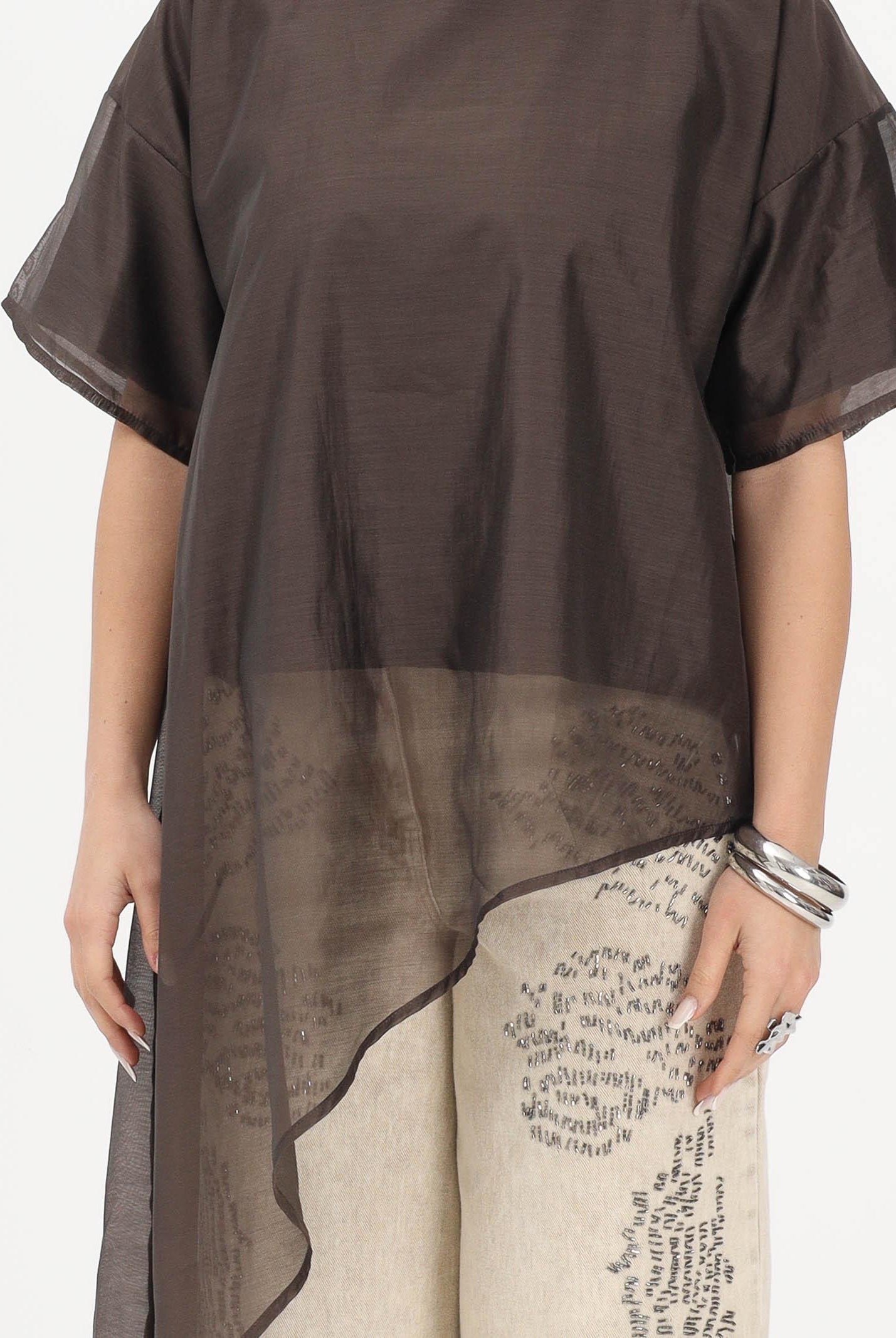 VICOLO T-shirt a manica corta marrone da donna in tessuto velato UAB018 MO VICOLO