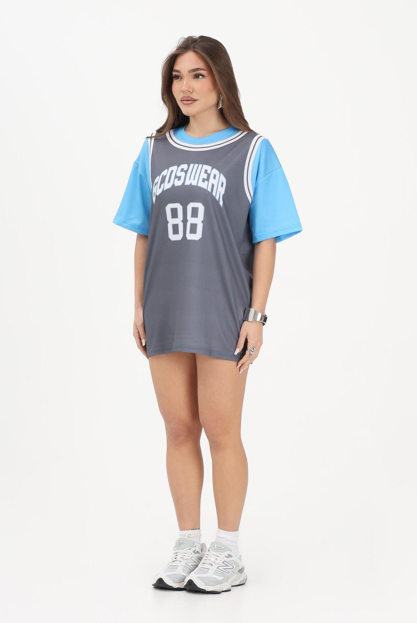 GCDS Abito corto grigio e azzurro per donna, ragazze e bambine con stampa C1GJQB708J338 955E GCDS