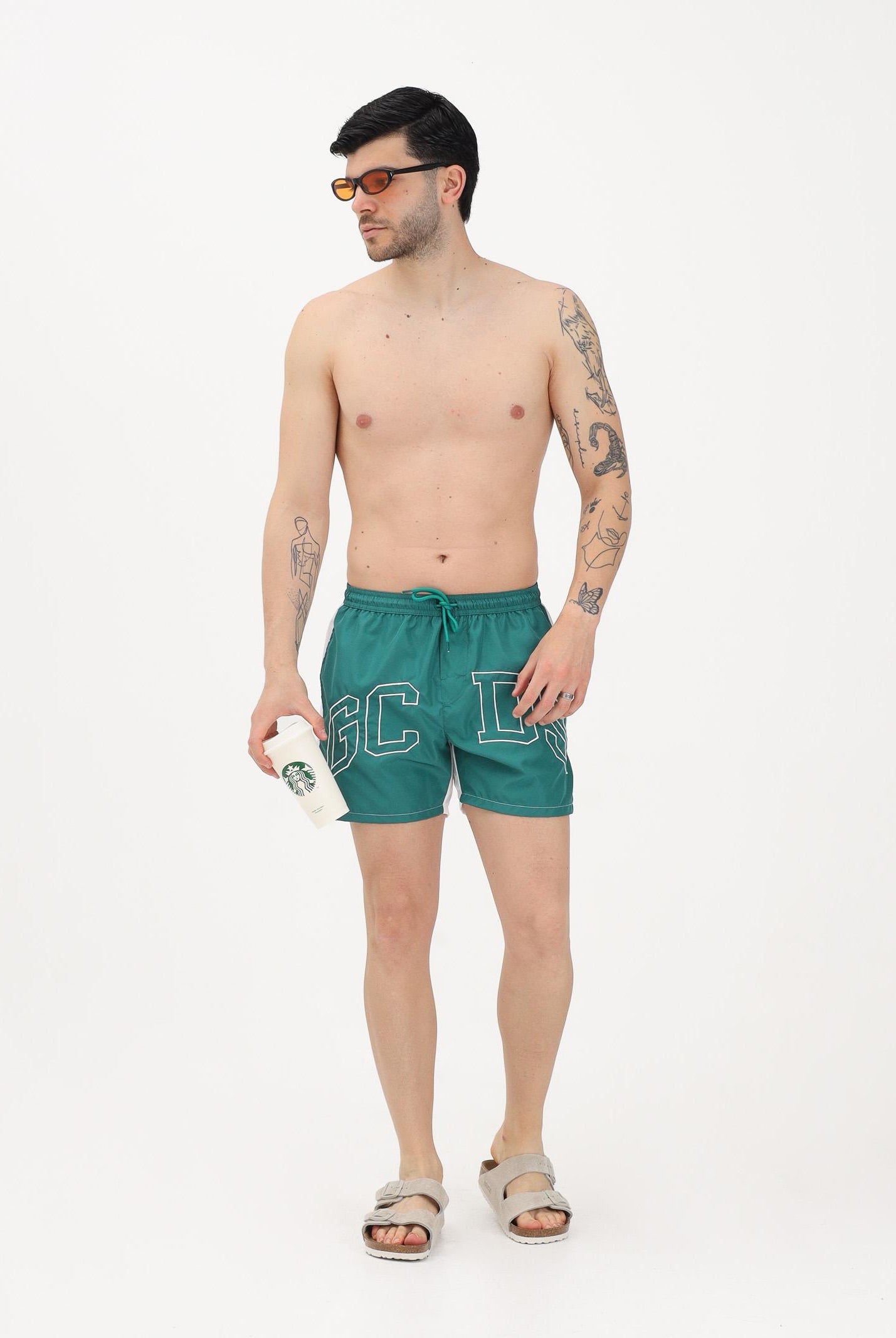 GCDS Shorts mare verde e bianco da uomo con logo C1MEQS249T016 883A GCDS