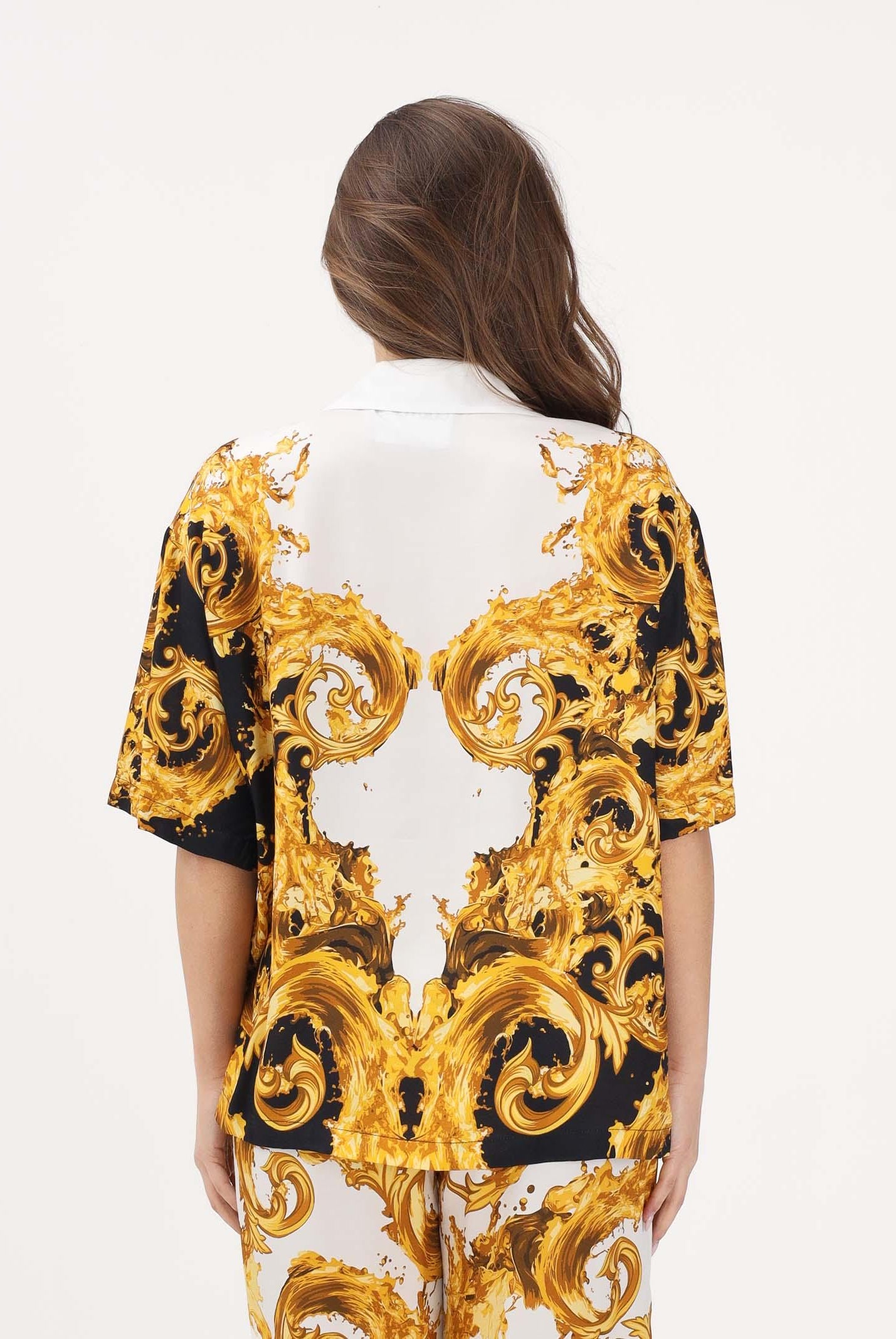 VERSACE JEANS COUTURE Camicia a manica corta bianca e nera da donna con stampa Wave Couture oro 80HAL2P9NS832 GL2 VERSACE JEANS COUTURE