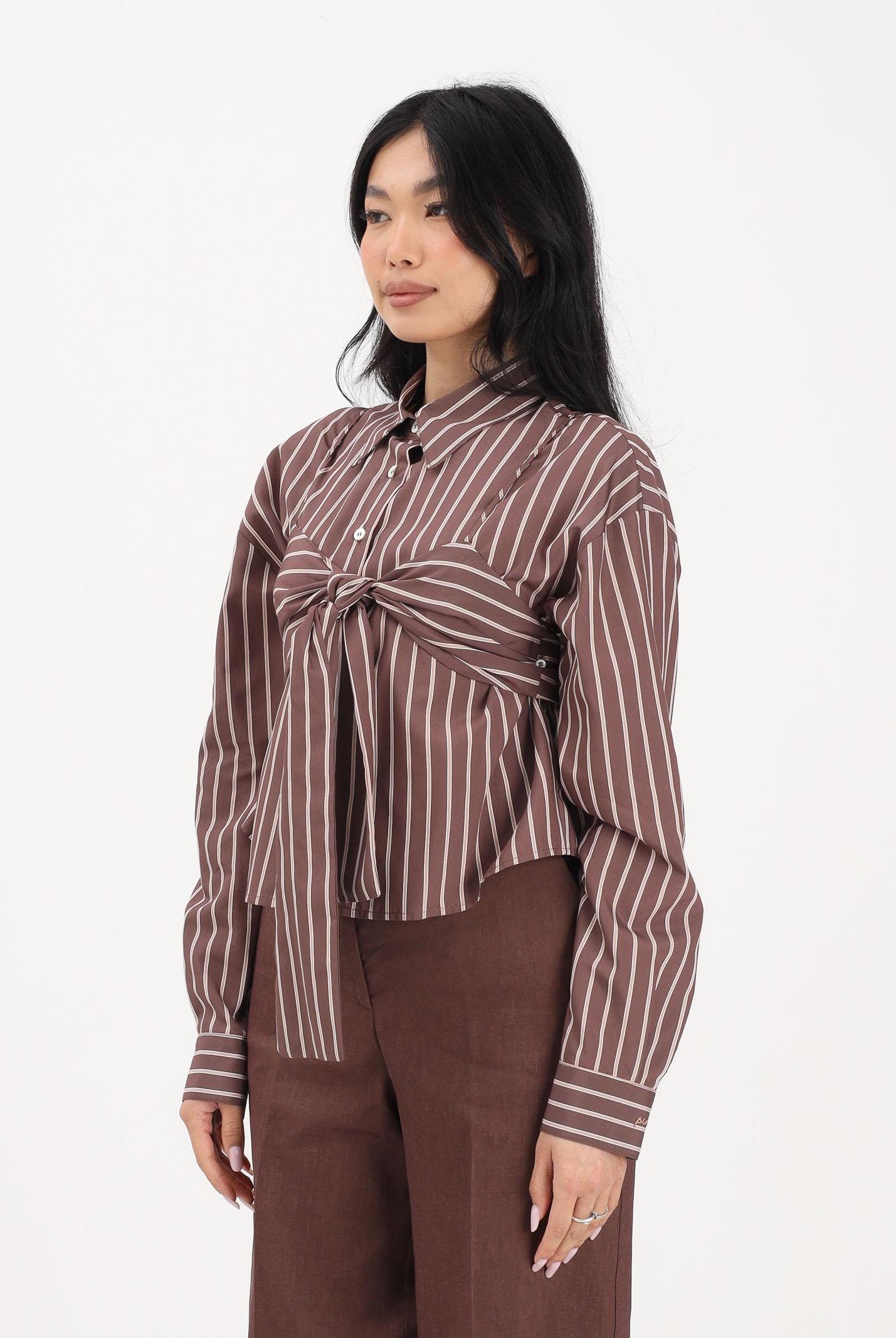 PINKO Camicia a manica lunga marrone da donna con motivo a righe 106672A33Q LN1 PINKO