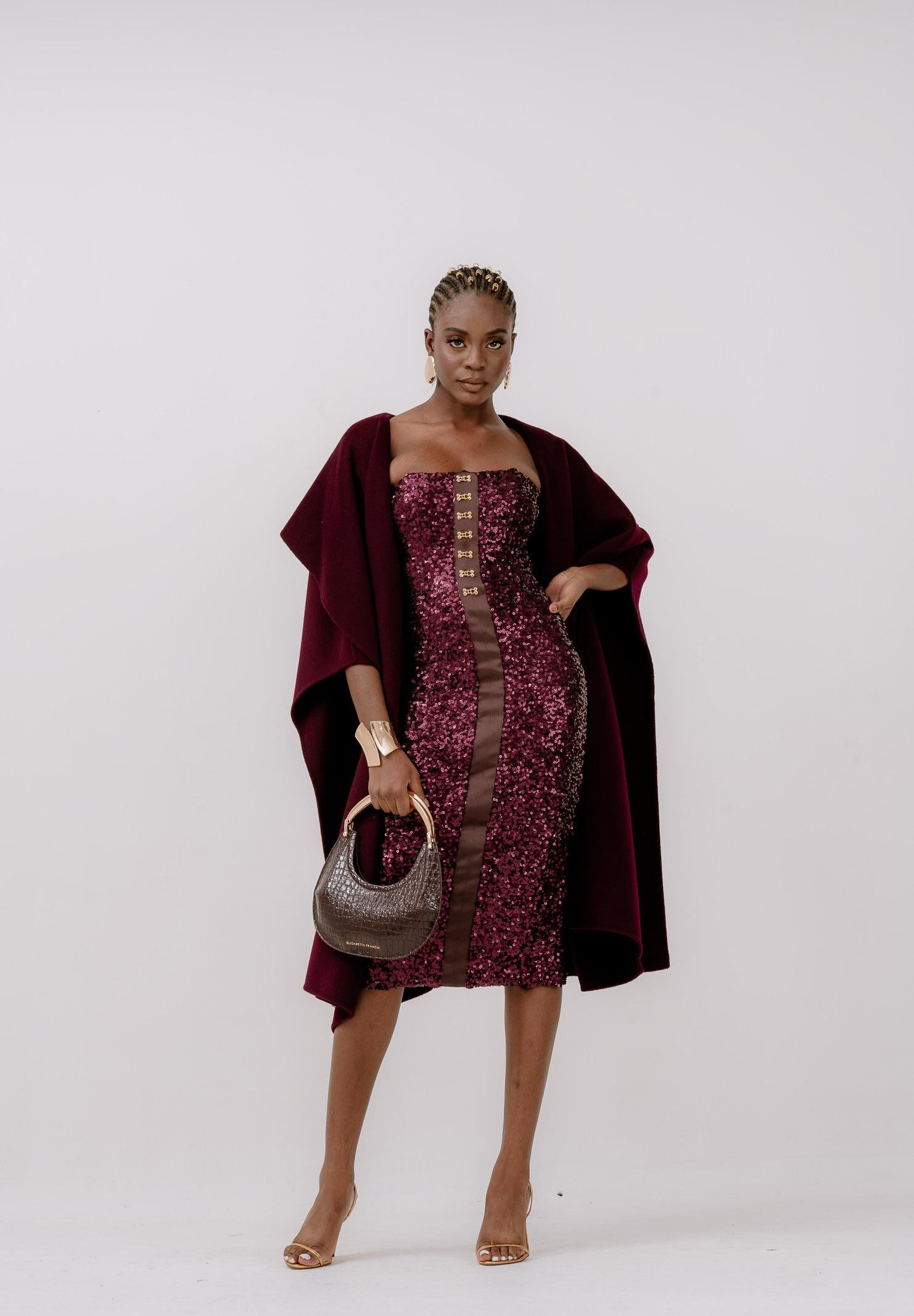 ELISABETTA FRANCHI Abito midi bordeaux da donna completamente ricoperto di paillettes AB88357E2 EA4 ELISABETTA FRANCHI