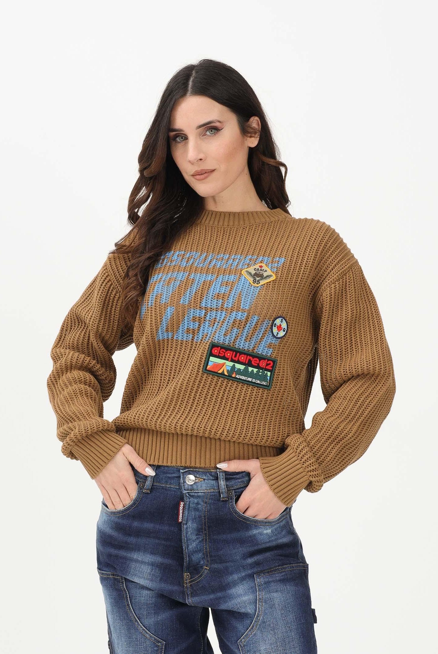 DSQUARED2 Maglioncino girocollo marrone per donna, bambino e bambina con maxi logo e patch DQ3243D0AGR DQ730 DSQUARED2