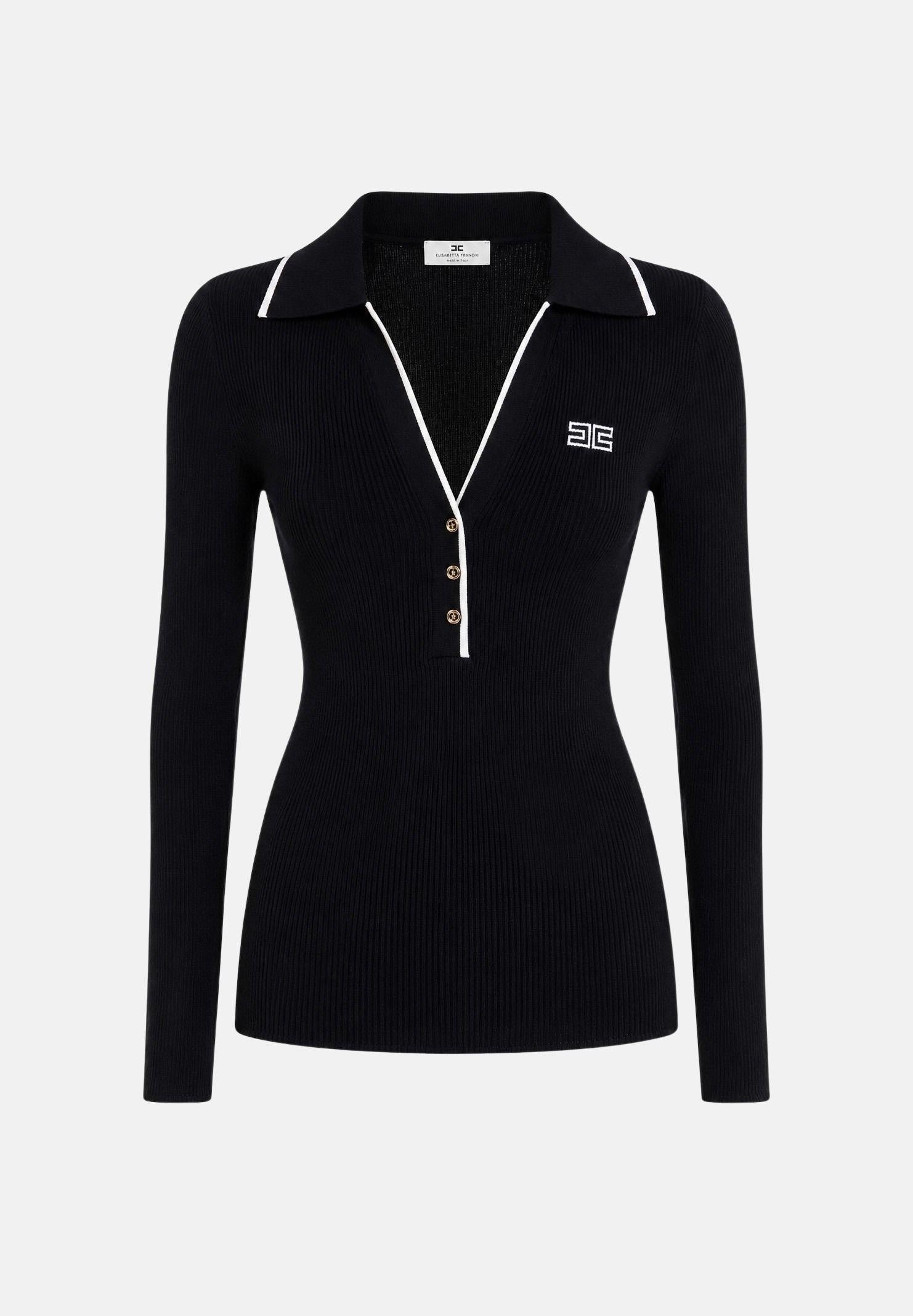 ELISABETTA FRANCHI Polo in lana a costine, colore brand Nero-Burro corrispondente al nero con dettagli bianco crema, da donna. MK17B66E2 685 ELISABETTA FRANCHI