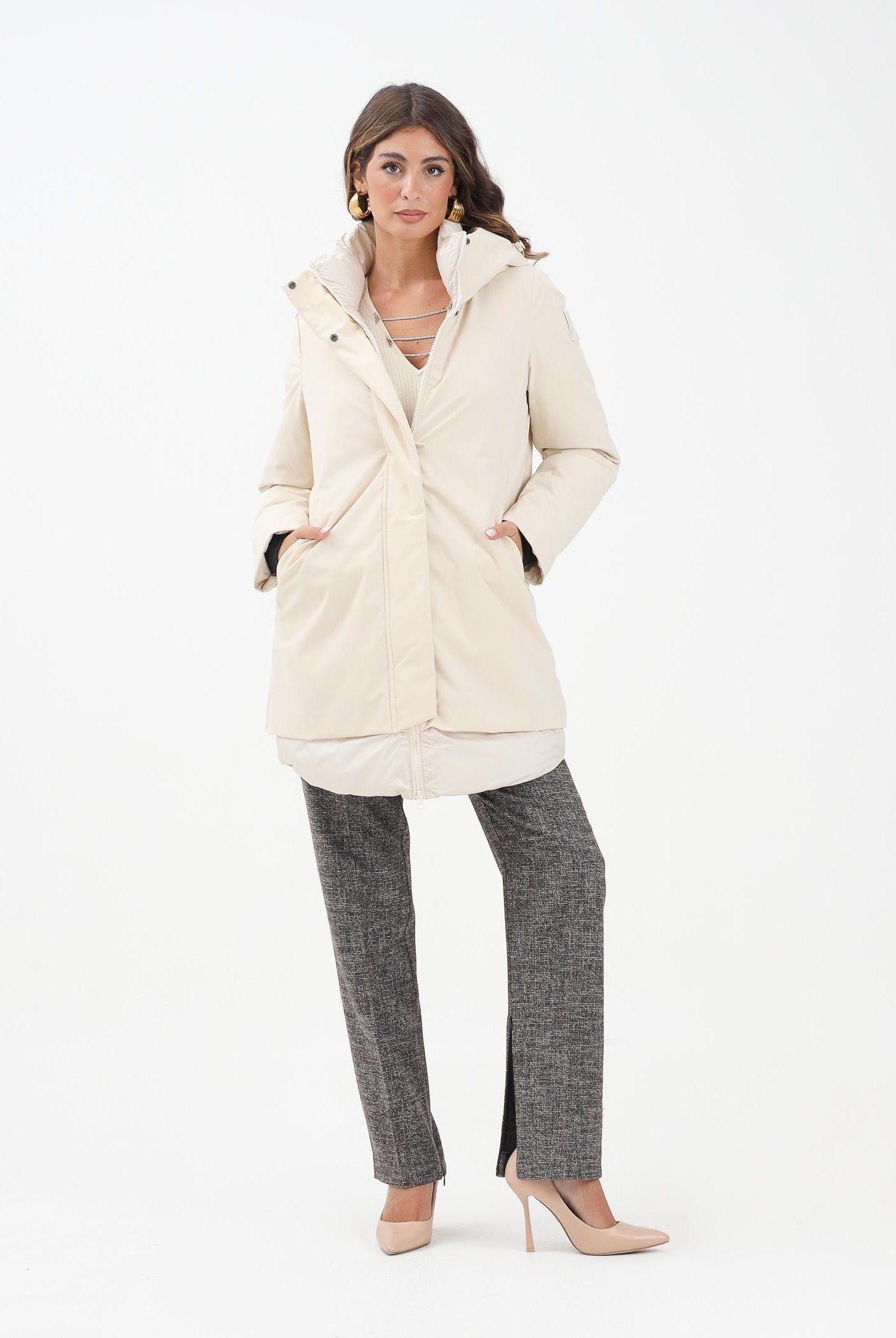 BOMBOOGIE Piumino lungo bio-materica panna da donna CW9146FPX5 161 BOMBOOGIE