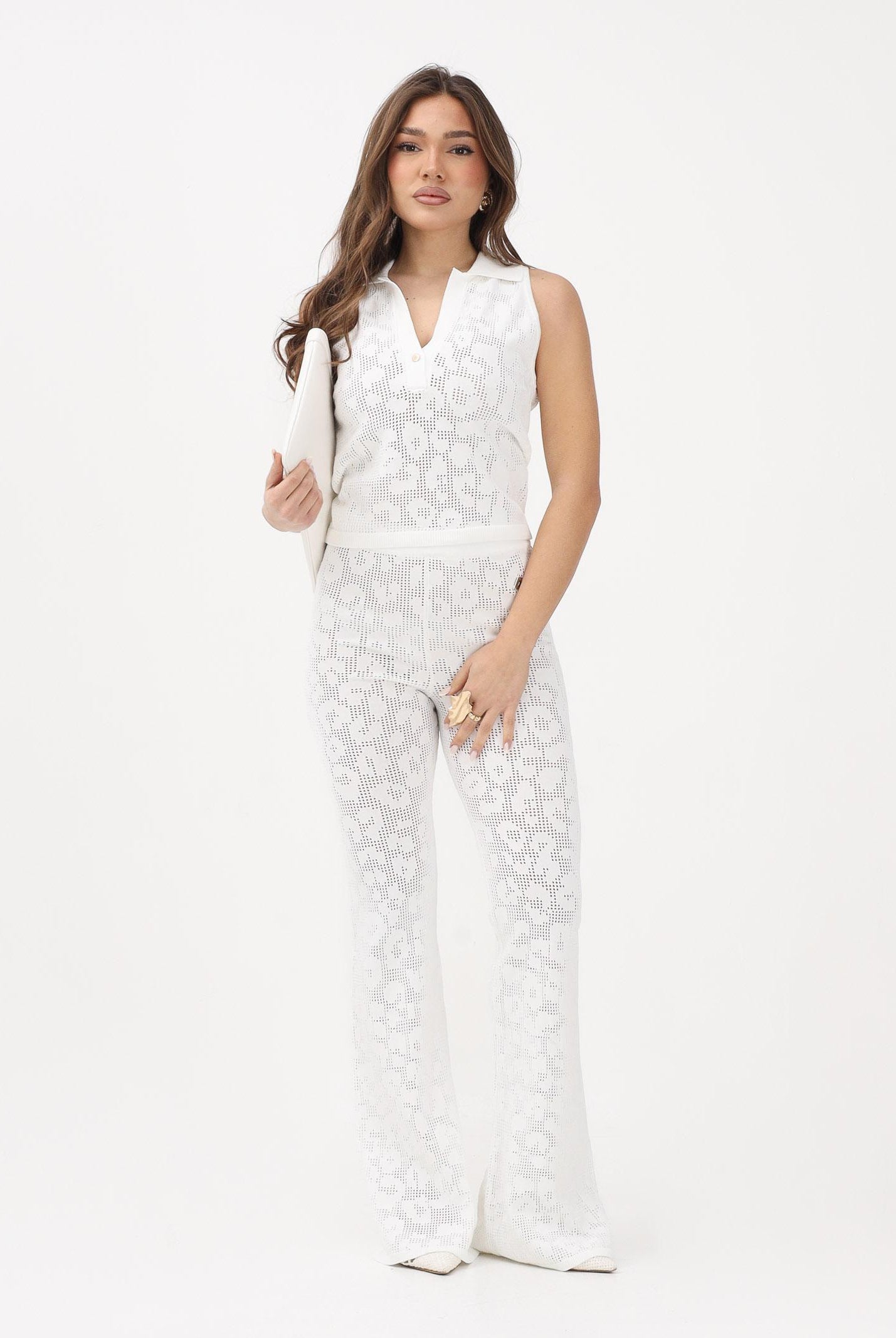 AKEP Top bianco da donna in maglia traforata PLKD13224 V6 AKEP