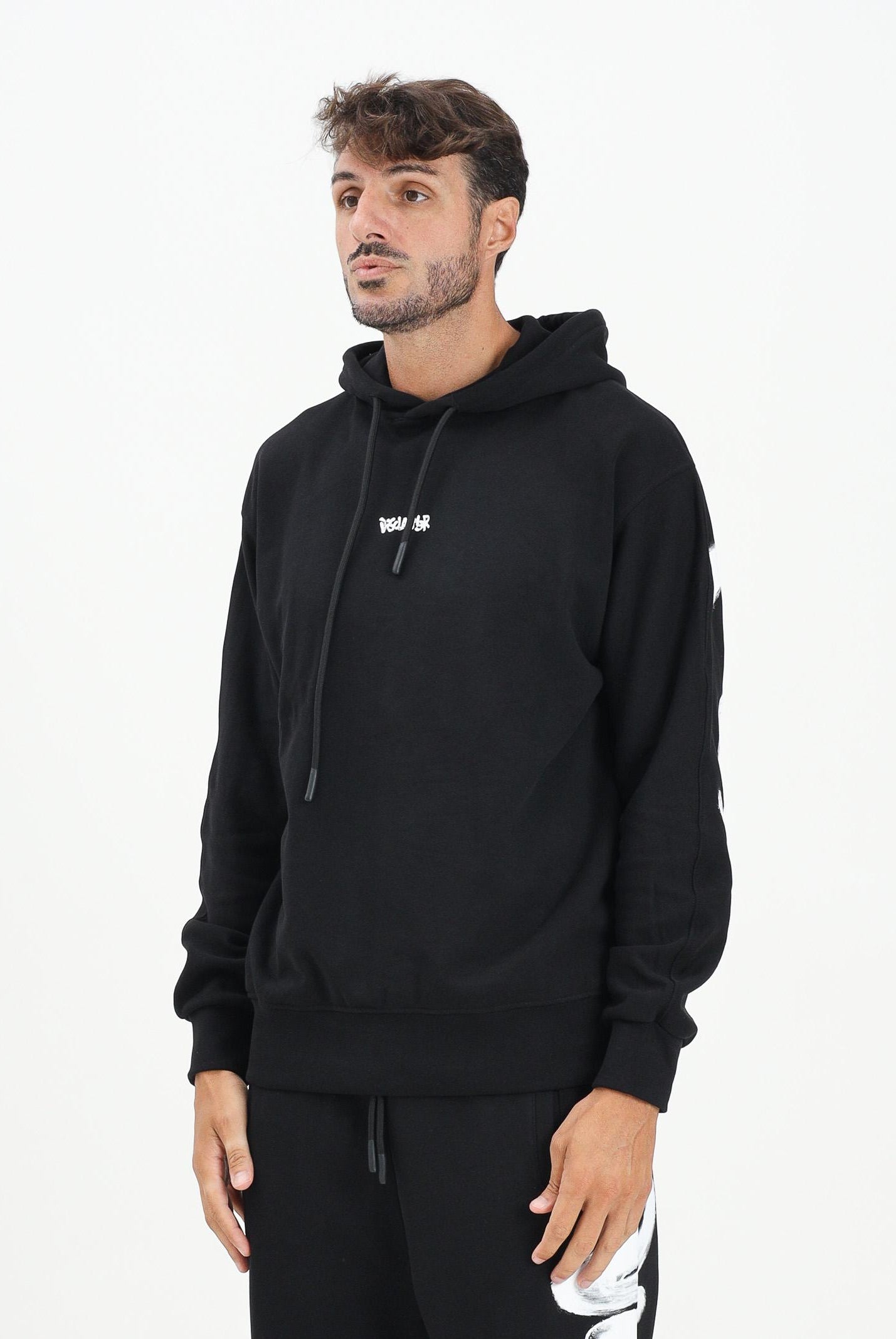 DISCLAIMER Felpa con cappuccio nera da uomo con maxi stampa logo 25IDS55100 NEBI DISCLAIMER