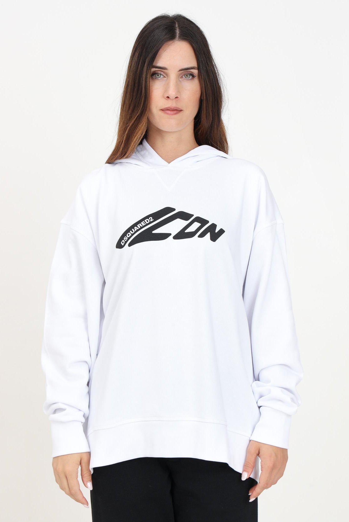 Felpa con cappuccio bianca per donna e bambina con stampa Icon DQ2664D003G DQ100 DSQUARED2
