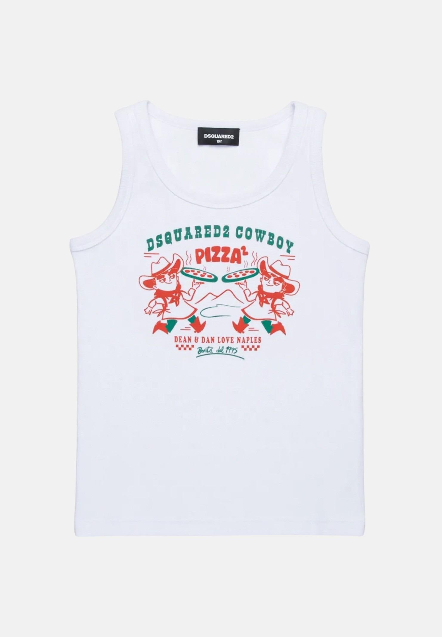 Canotta bianca per bambino e bambina con grafica Cowboy Pizza DQ2974D0A2C-B DQ100 DSQUARED2