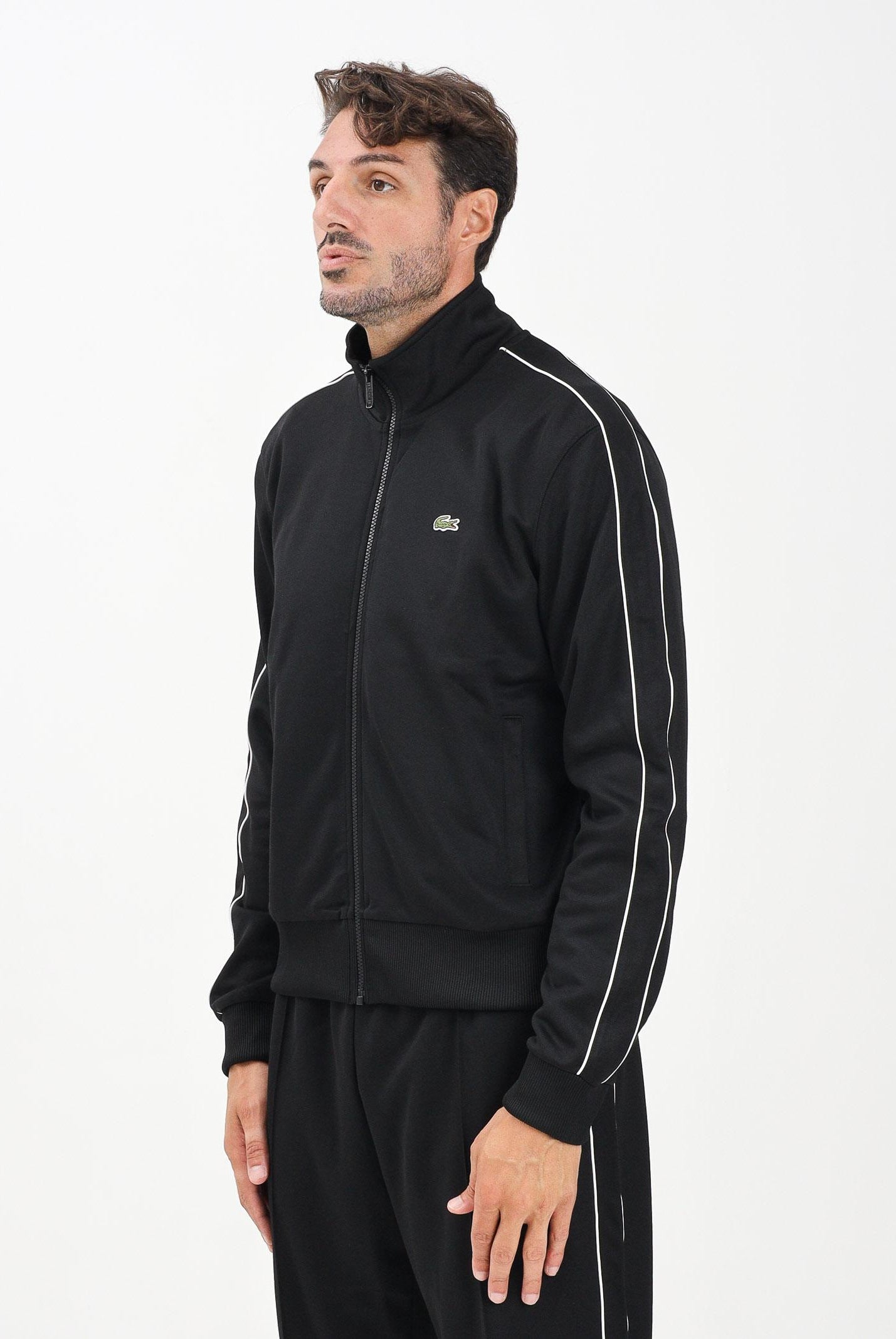 LACOSTE Felpa con zip in piqué Paris nera da uomo SH1457 031 LACOSTE