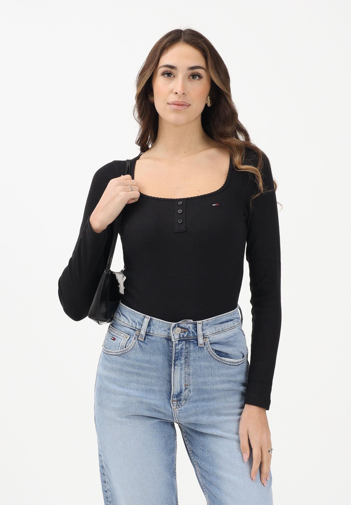 TOMMY JEANS Body a manica lunga nero da donna con logo DW0DW22533 BDS TOMMY JEANS