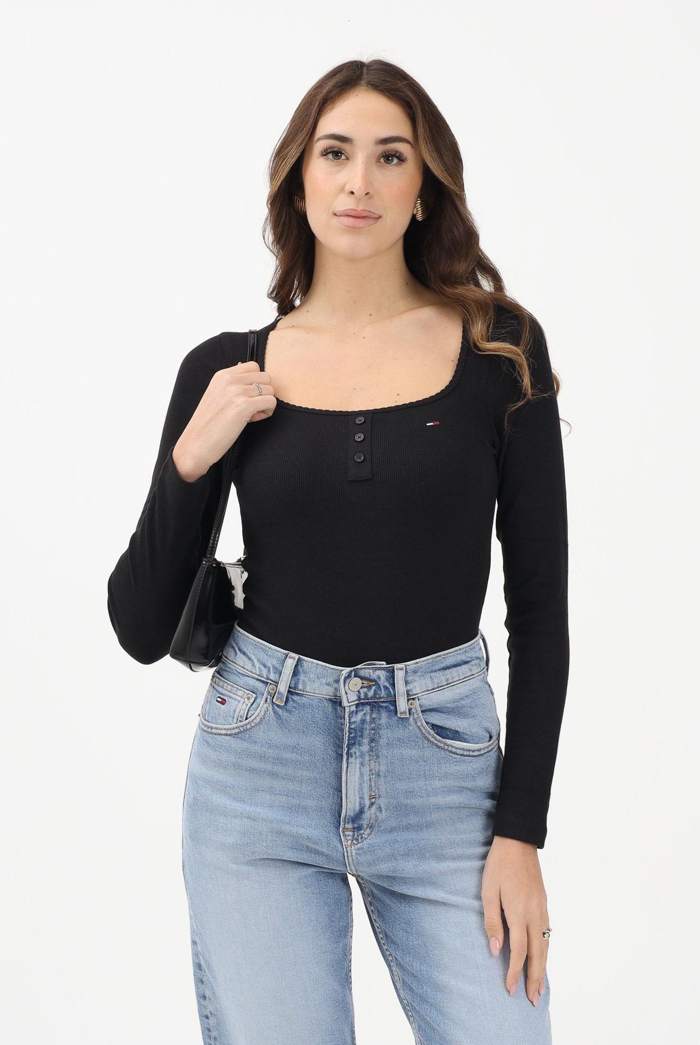 TOMMY JEANS Body a manica lunga nero da donna con logo DW0DW22533 BDS TOMMY JEANS