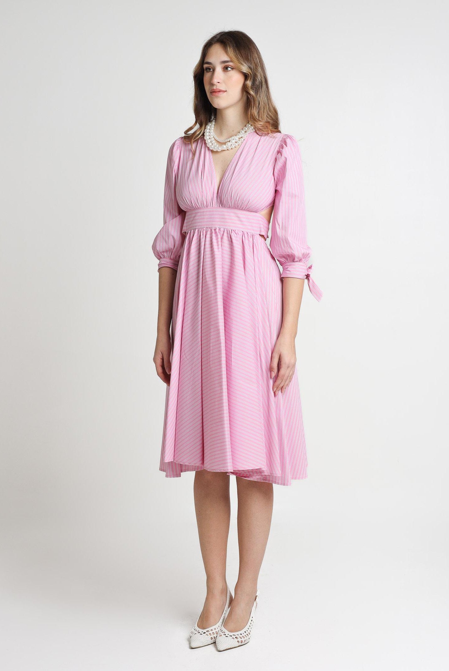 SANTAS Abito midi TIRAMISU' rosa da donna con stampa a righe PV25023 ROSA SANTAS