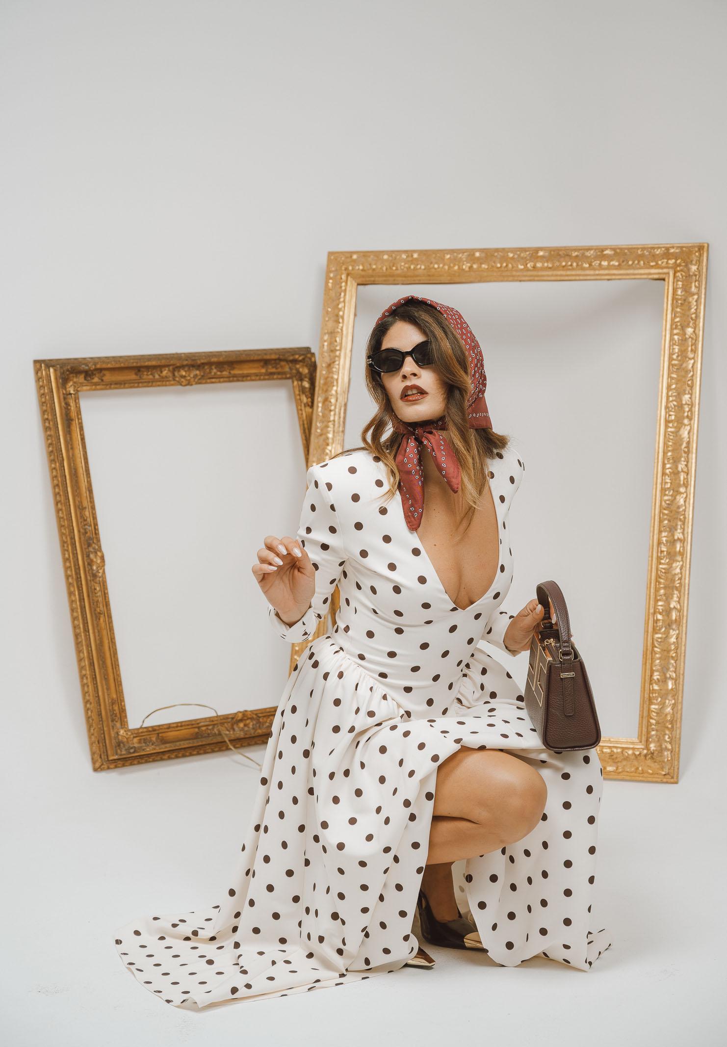 SANTAS Abito midi DOUCEUR avorio da donna con pois marroni PV2603 POMA SANTAS