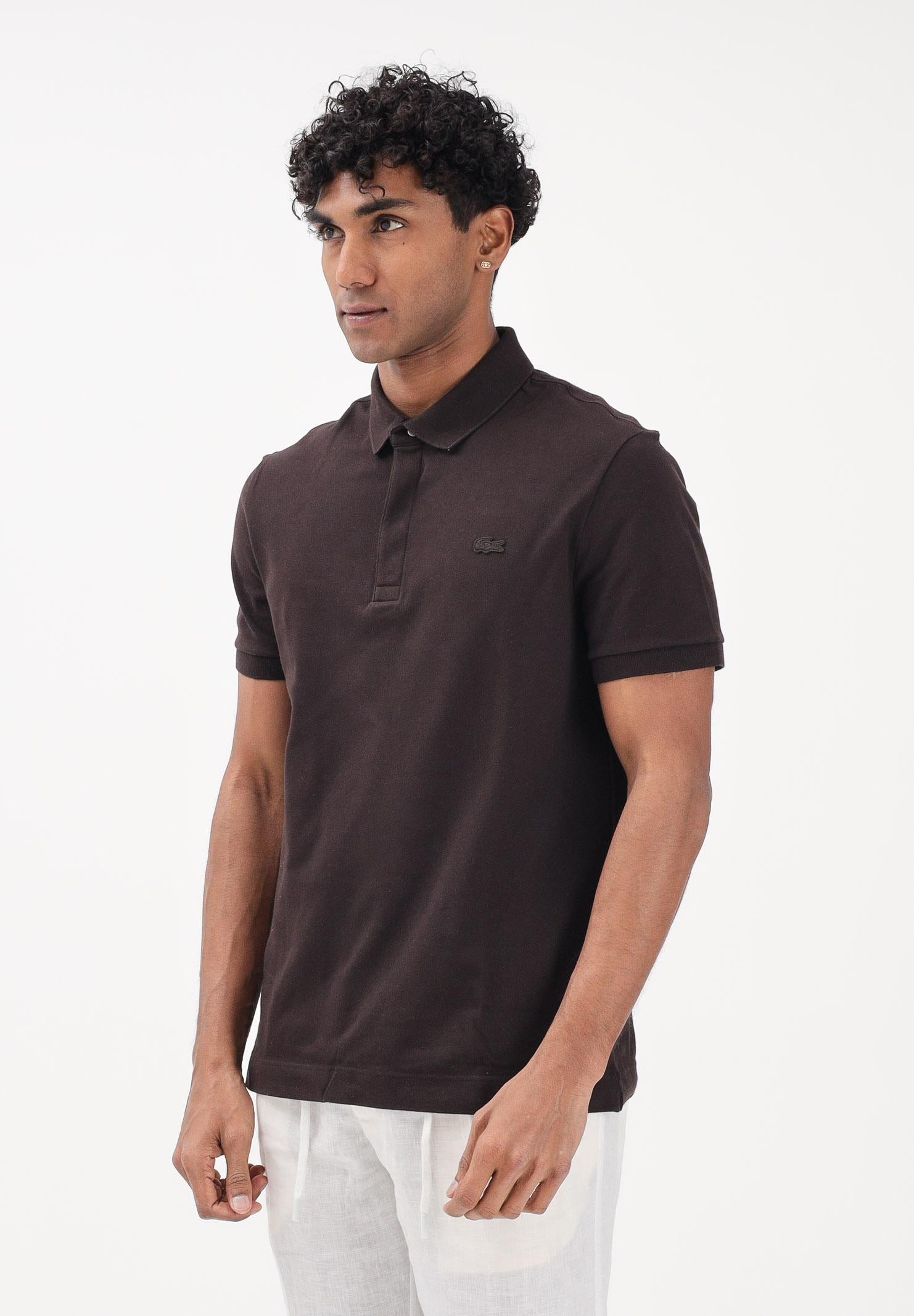 LACOSTE Polo a manica corta marrone da uomo in piqué elasticizzato Paris PH5522 3LA LACOSTE