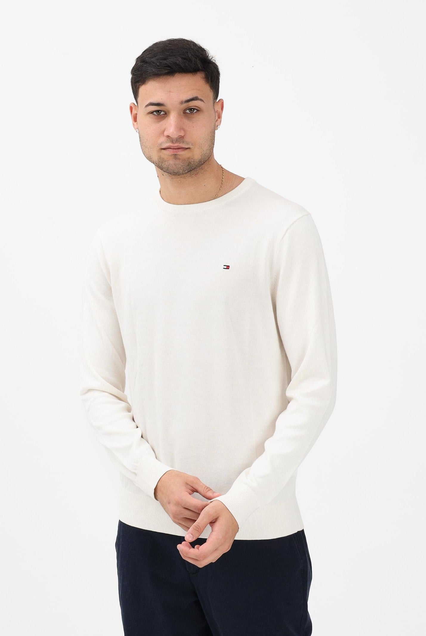 TOMMY HILFIGER Maglioncino girocollo panna da uomo con logo MW0MW39999 Z00 TOMMY HILFIGER