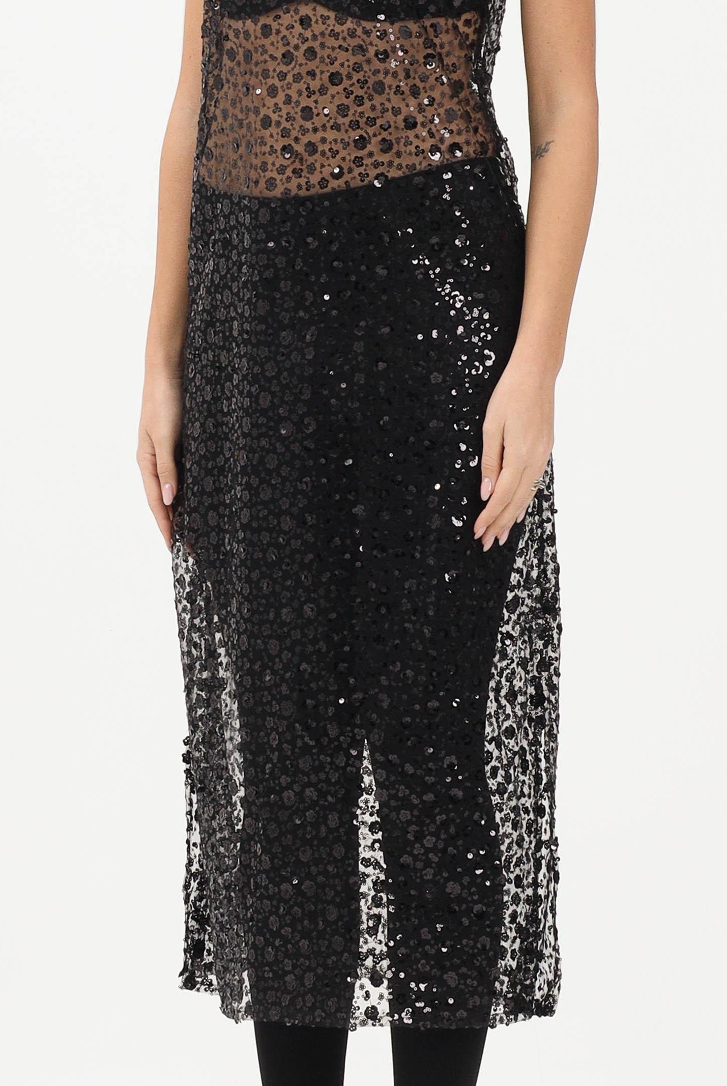 VICOLO Abito lungo nero da donna con fiorellini di paillettes TF1150 NE VICOLO