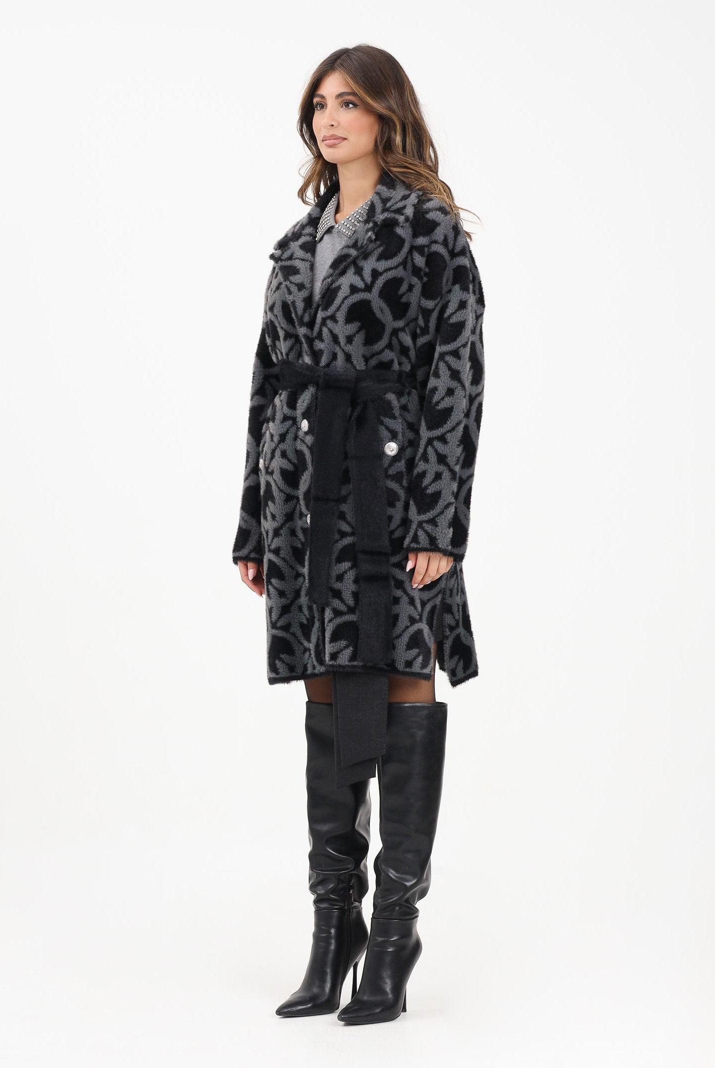 PINKO Cappotto grigio e nero da donna con fantasia logo jacquard 105415A2WY IZ9 PINKO