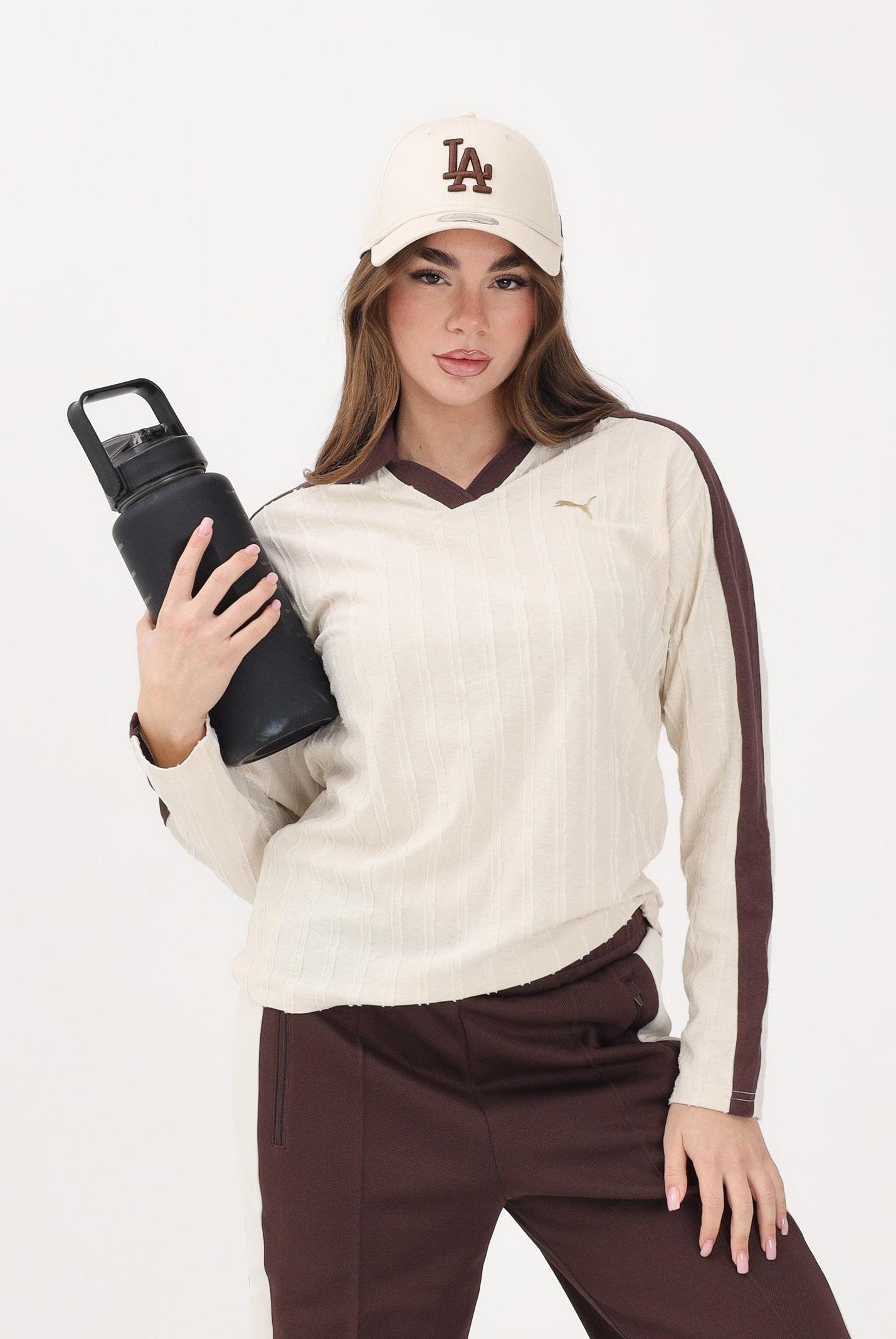 PUMA Polo a manica lunga T7 Relaxed panna e marrone da donna 632141 97 PUMA