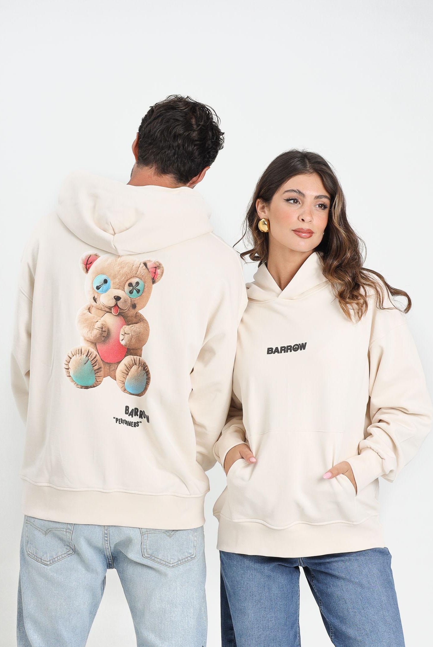 BARROW Felpa con cappuccio color crema per uomo e donna rifinita da stampa F5BWUAHS047 013 BARROW