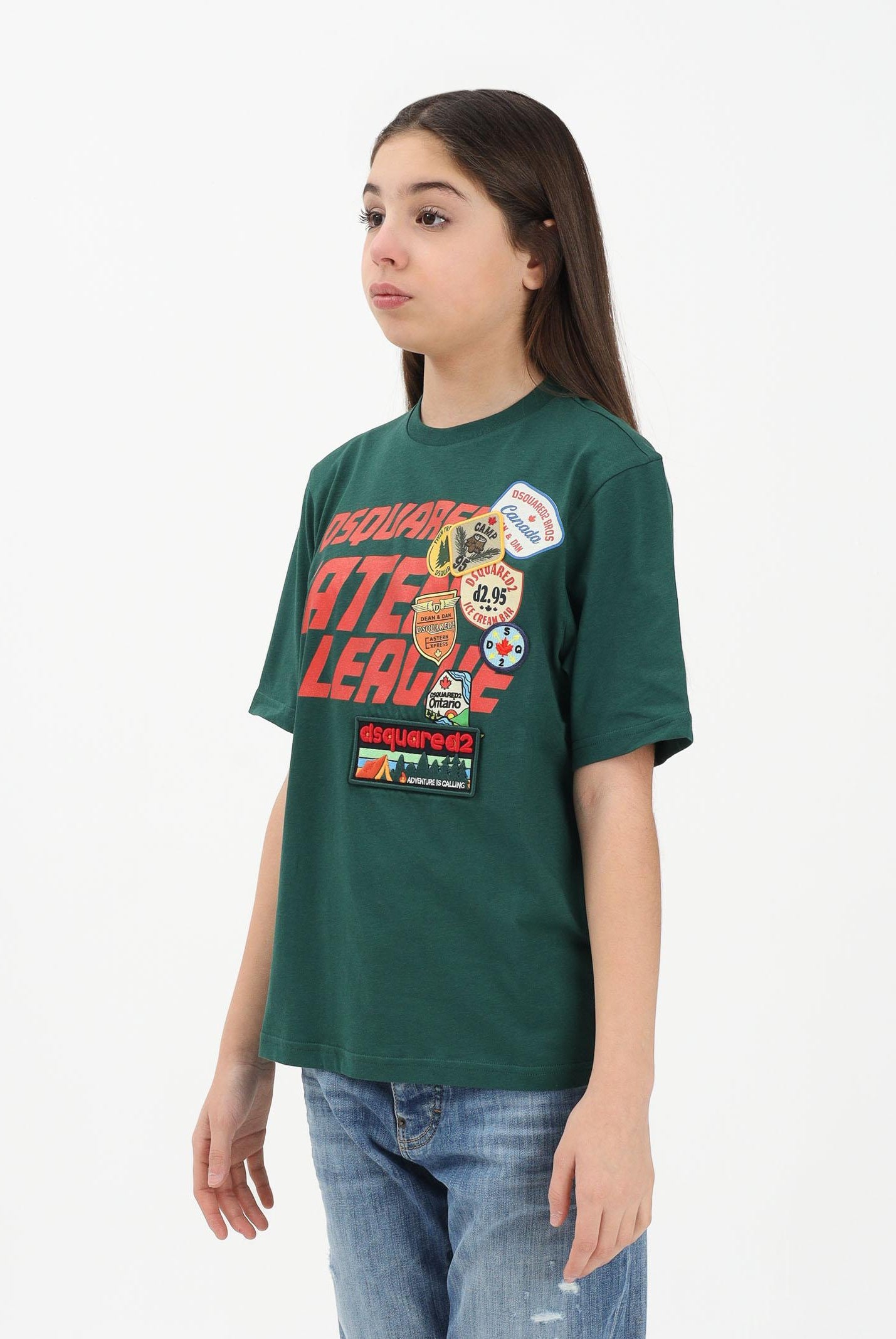 DSQUARED2 T-shirt a manica corta verde per donna, ragazzi e bambini con logo applicato e patch DQ3165D0ACD DQ522 DSQUARED2